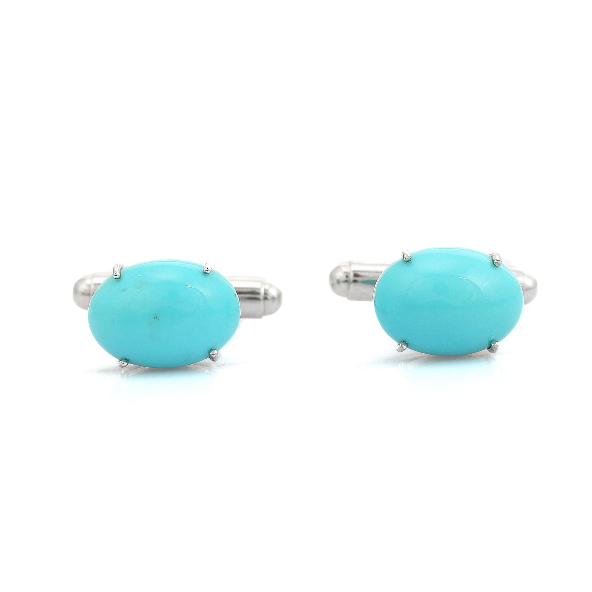 Handcrafted Silver Men’s Cufflinks Set in Oval Turquoise Gemstone Gift for Him In New Condition For Sale In New York, NY