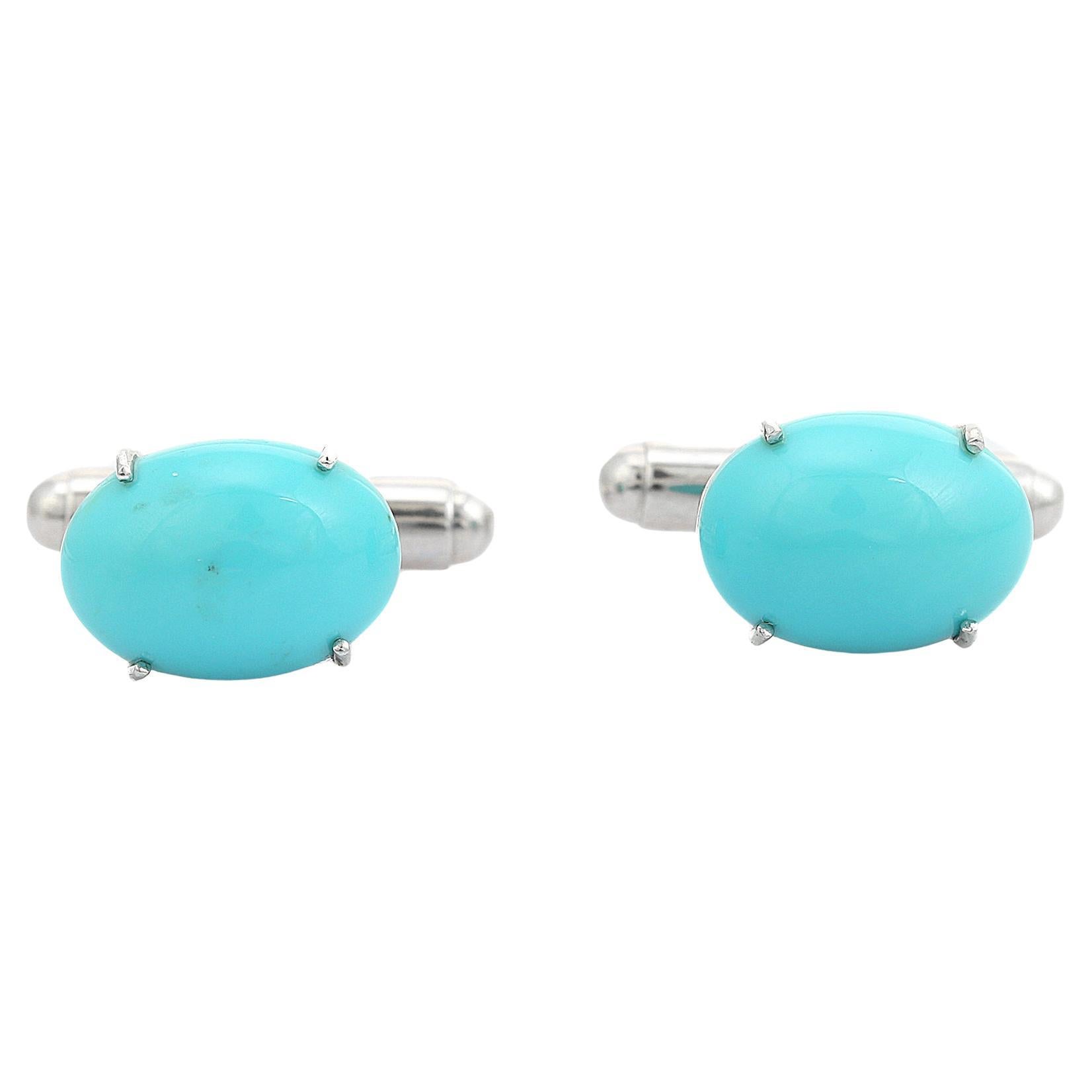 Handcrafted Silver Men’s Cufflinks Set in Oval Turquoise Gemstone Gift for Him For Sale