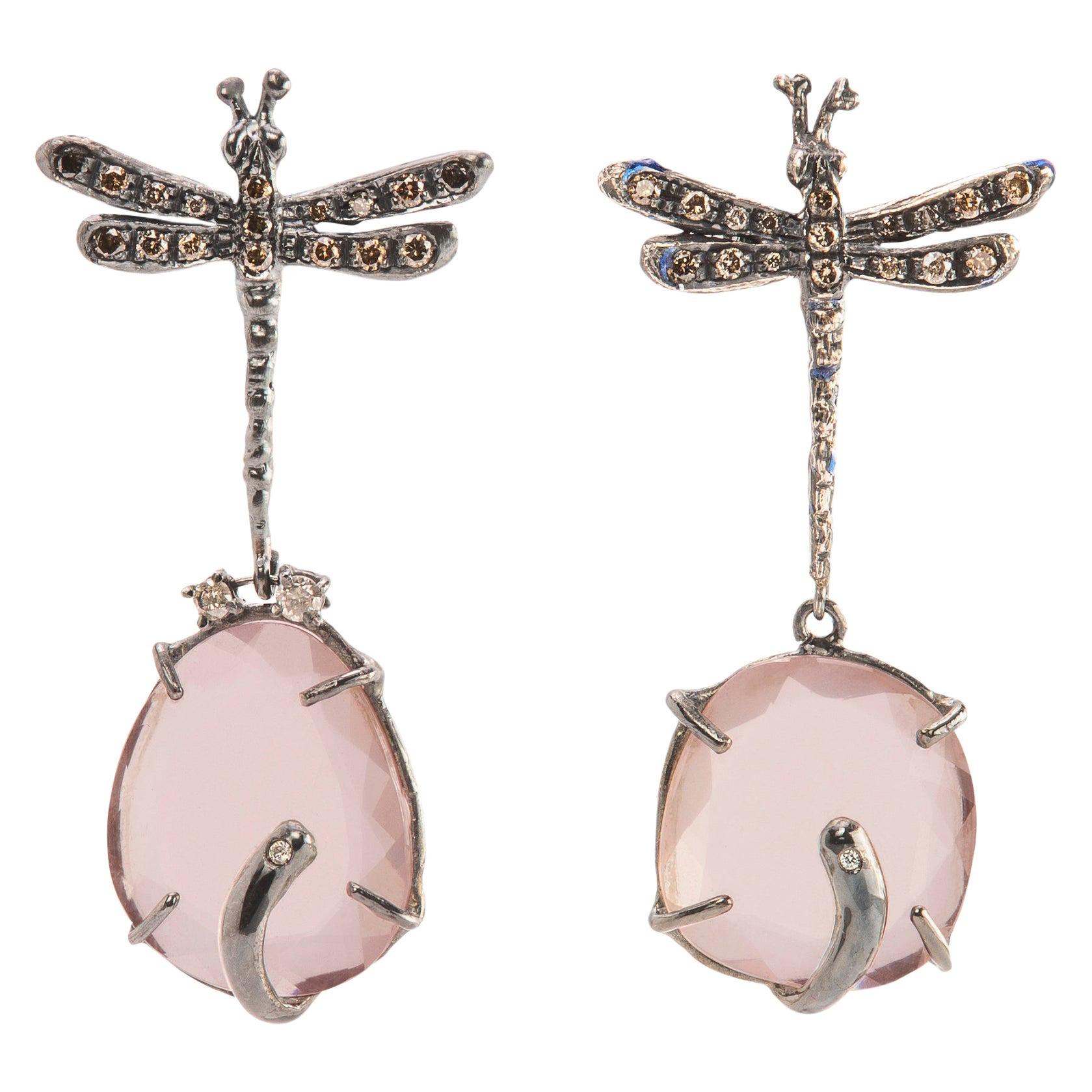 Rossella Ugolini Dragonfly Rose Quartz 0.50 Karat Diamond Dangle Earrings For Sale