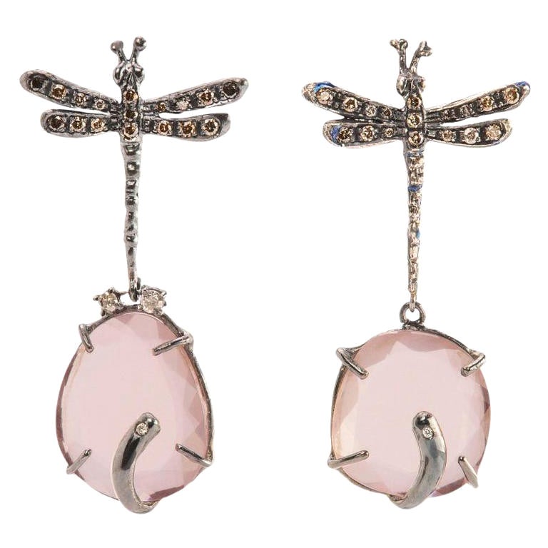 Orecchini artigianali in argento con quarzo rosa da 0,50 carati e diamanti marroni e grigi