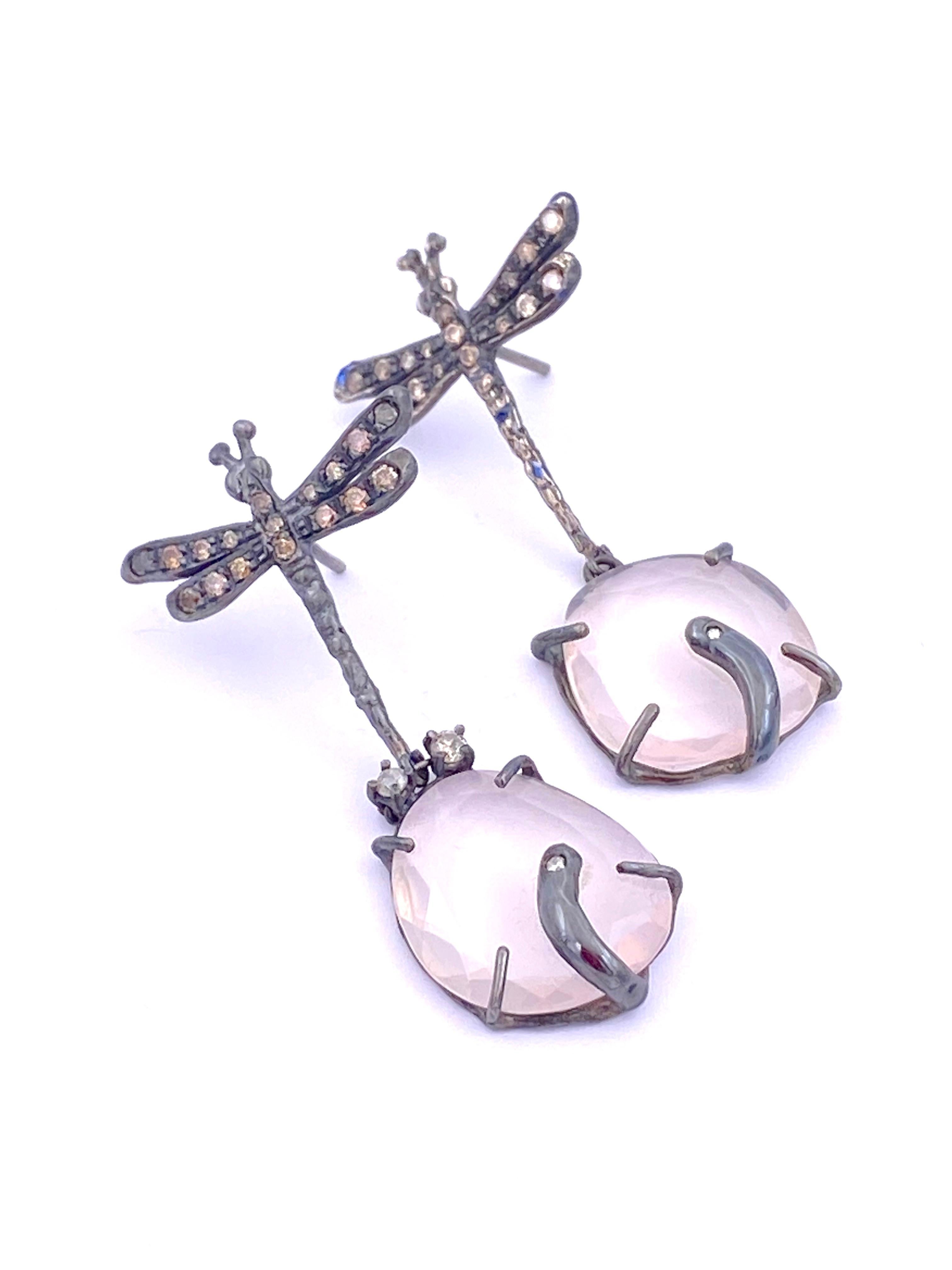 Handcrafted Silver Rose Quartz 0.50 Kt Brown & Grey Diamond Dragonfly Dangle Earrings
Elegant burnished silver sterling brown diamonds rose quartz pendants, enriched by a tiny beautiful creature, symbol of freedom. 
Item in stock, handling time: 1