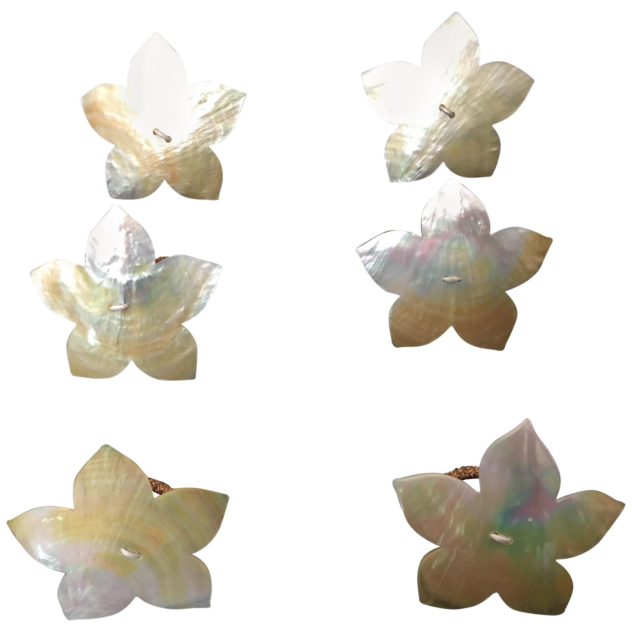 Handcrafted Six Napkin Rings in Natural Capiz Pearl Shell Flower Star Shape For Sale