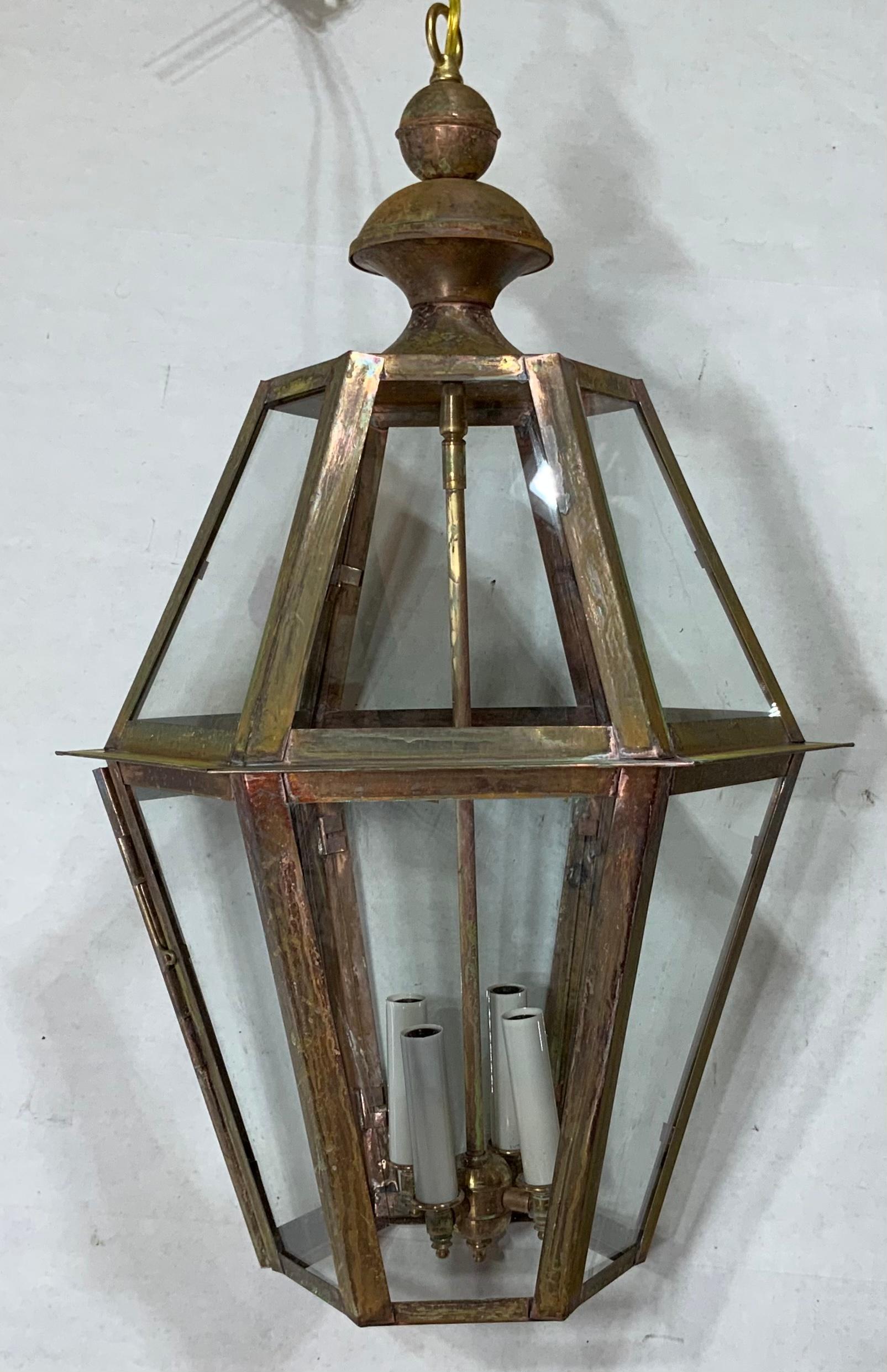 Handcrafted Six Sides Solid Copper and Brass Hanging Lantern In Good Condition In Delray Beach, FL