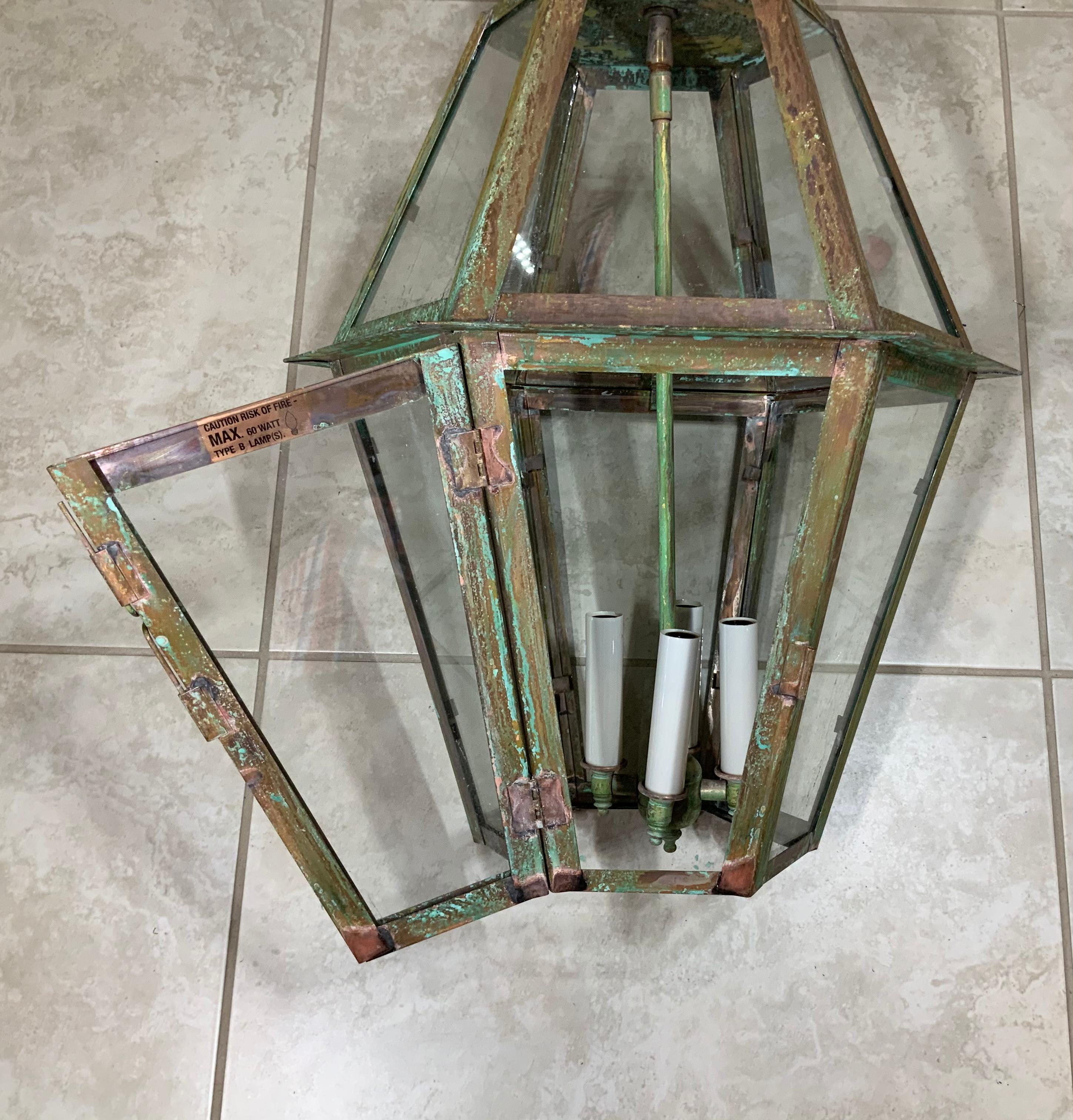 Handcrafted Six Sides Solid Copper and Brass Hanging Lantern In Good Condition In Delray Beach, FL