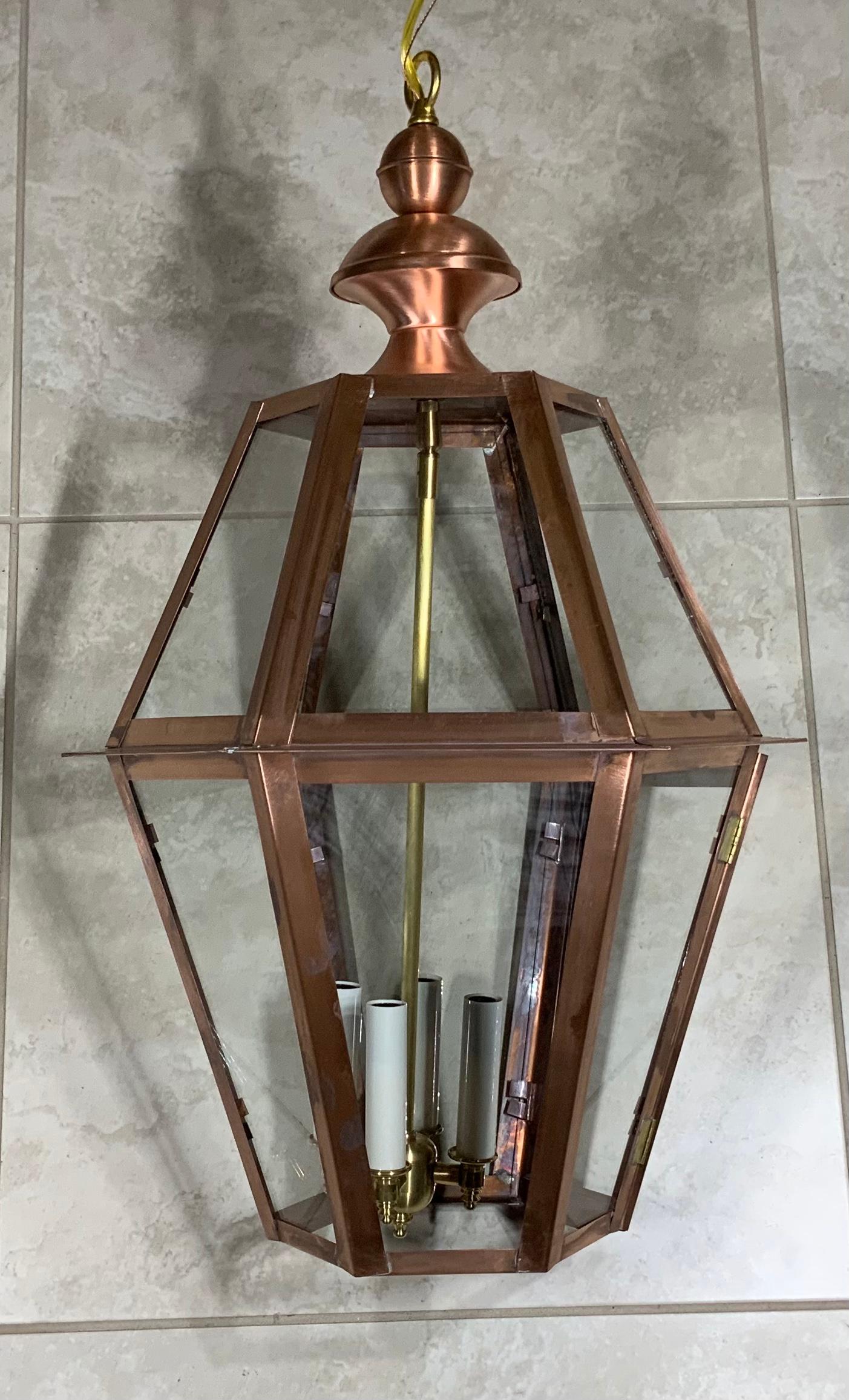 Handcrafted Six Sides Solid Copper and Brass Hanging Lantern In Excellent Condition In Delray Beach, FL
