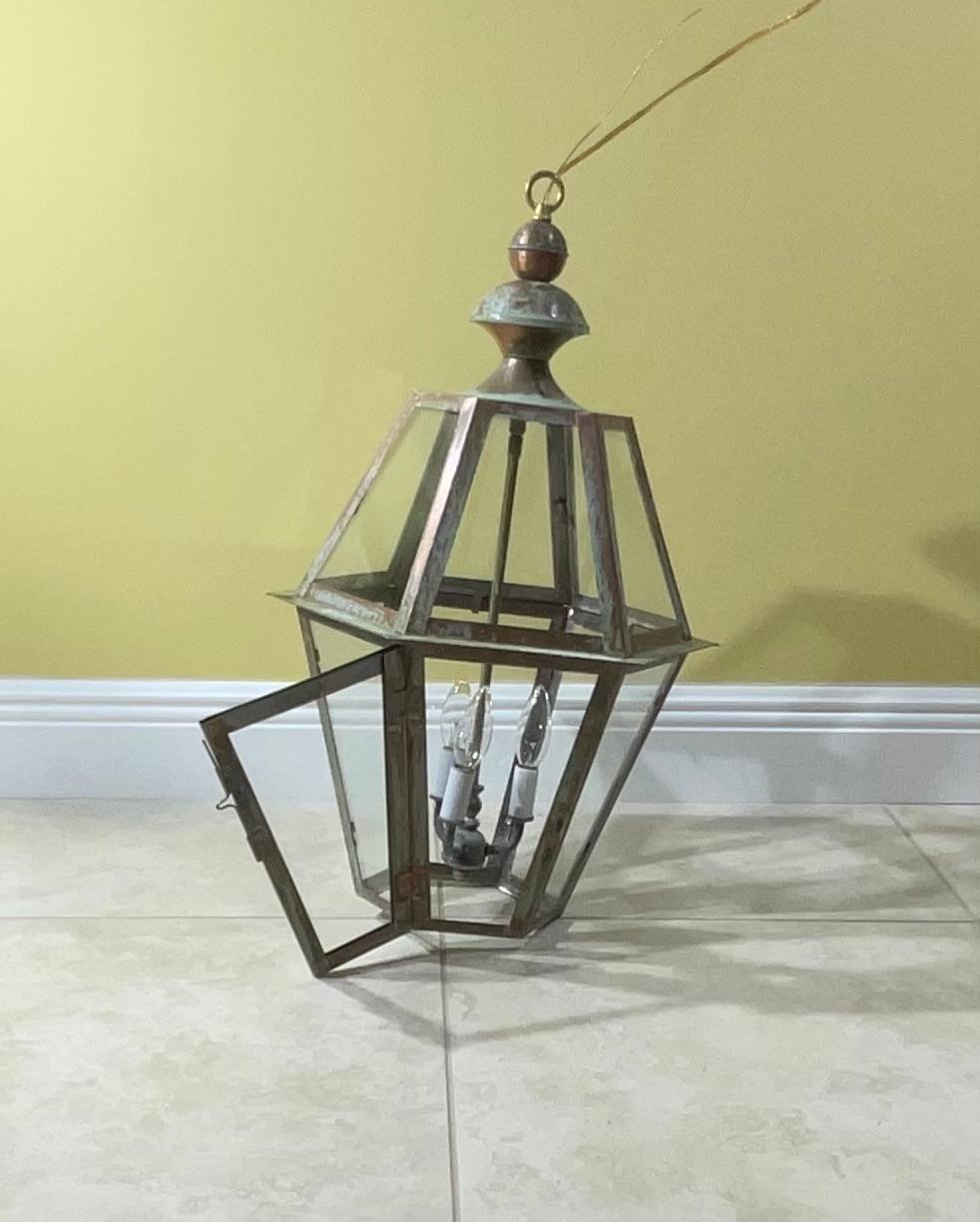 Handcrafted Six Sides Solid Copper and Brass Hanging Lantern In Good Condition In Delray Beach, FL