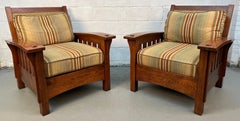 Handcrafted Slatted Mission Oak Lounge Chairs
