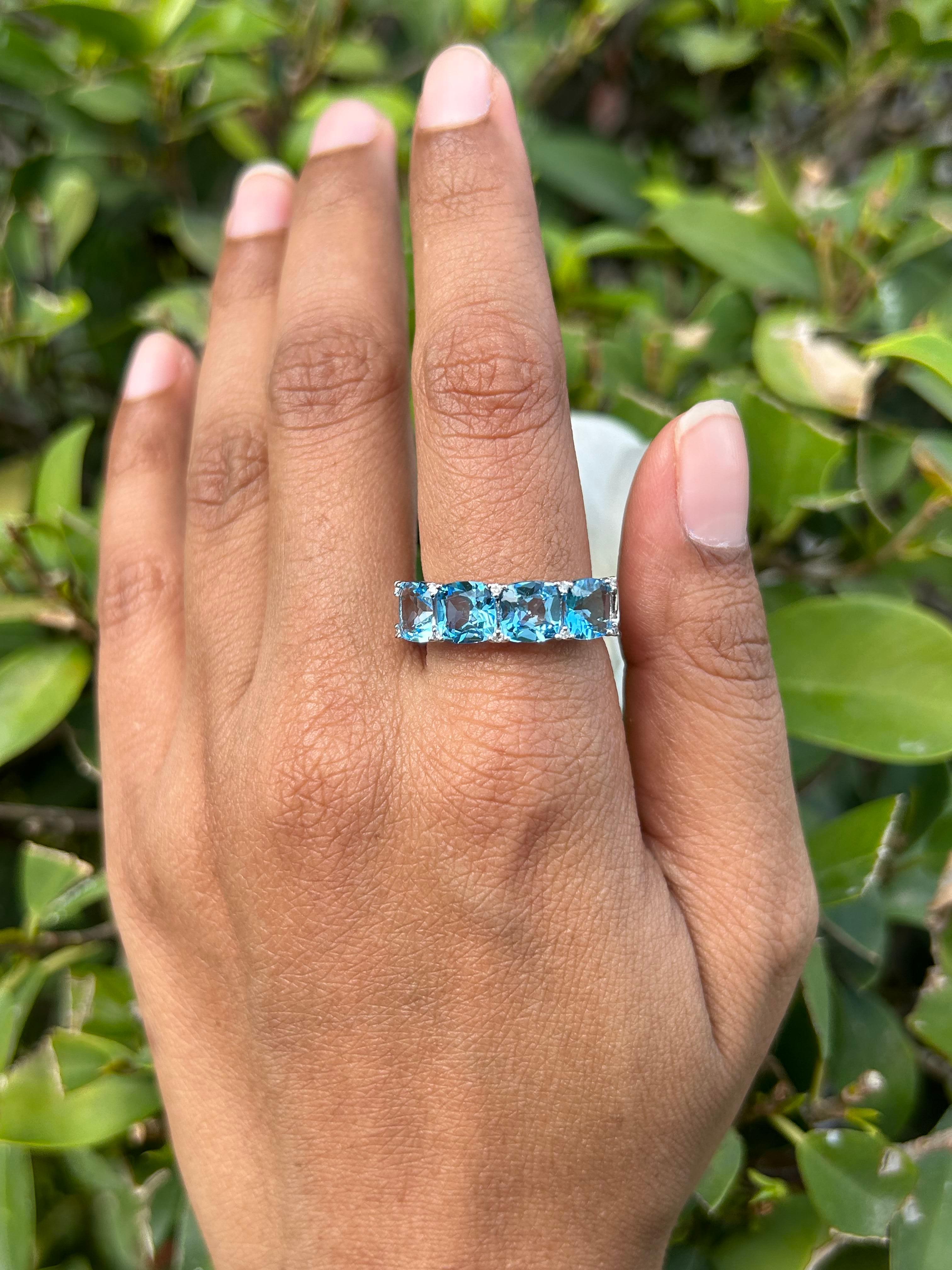 For Sale:  Half Eternity 4.47 Ct Cushion Cut Blue Topaz Band Ring in 14k Solid White Gold 3