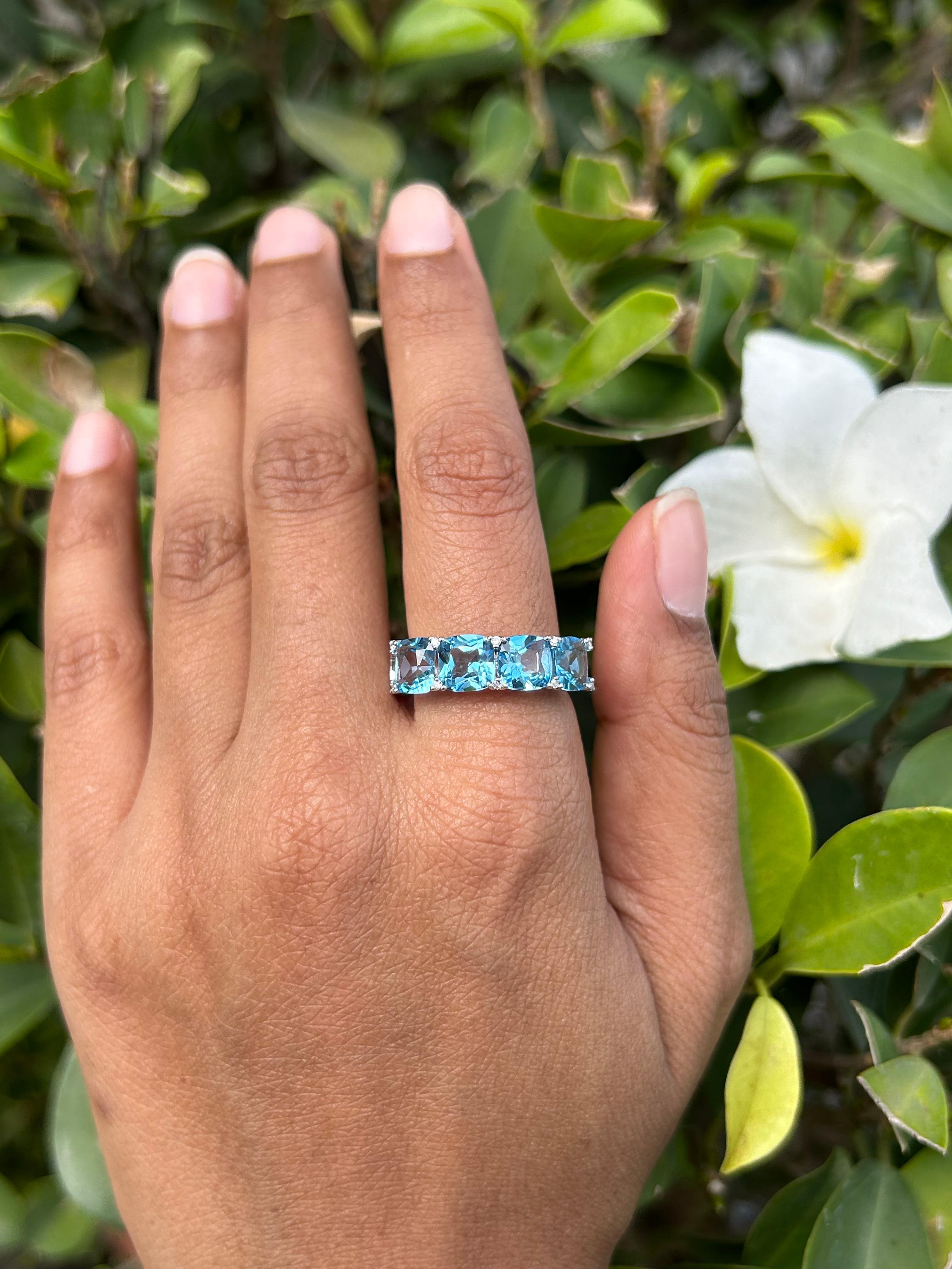 For Sale:  Half Eternity 4.47 Ct Cushion Cut Blue Topaz Band Ring in 14k Solid White Gold 5