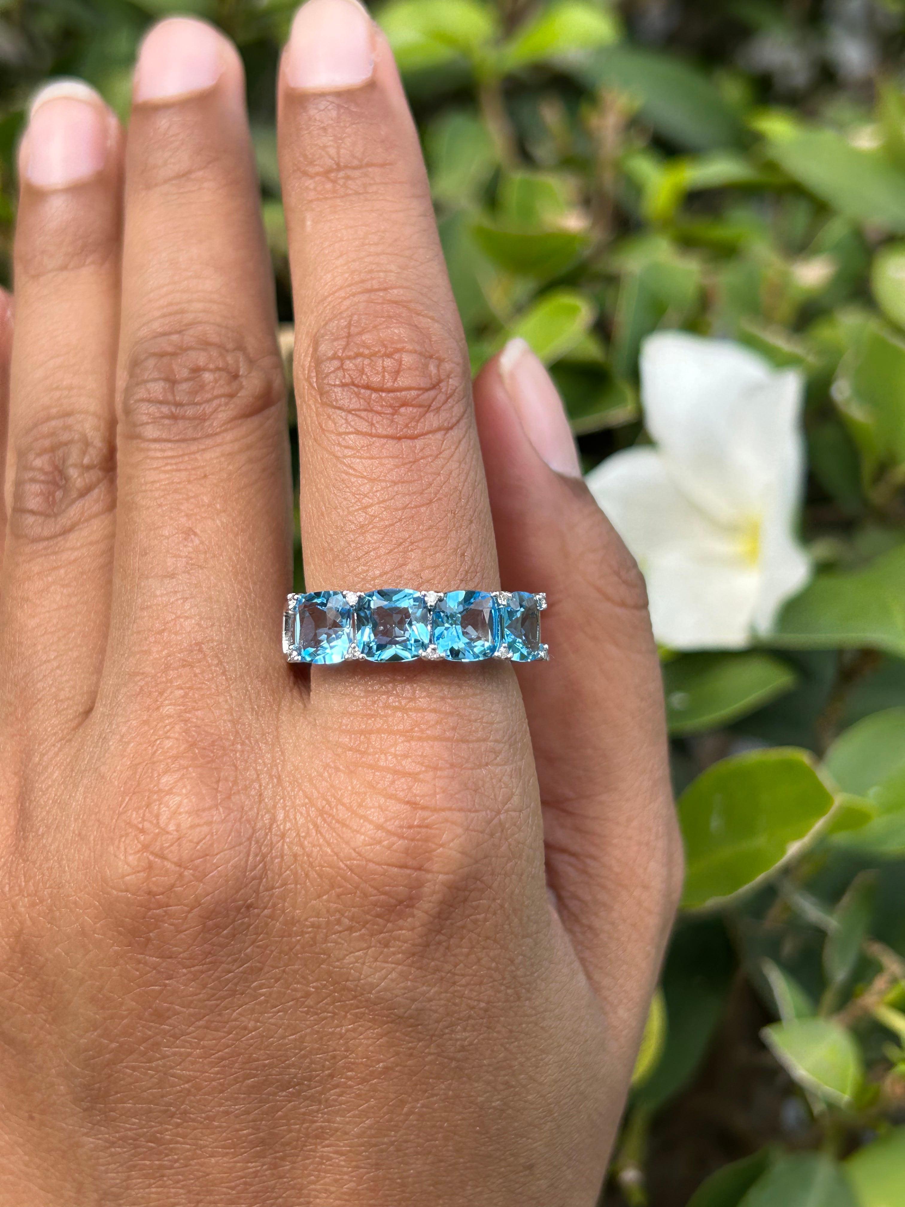For Sale:  Half Eternity 4.47 Ct Cushion Cut Blue Topaz Band Ring in 14k Solid White Gold 6