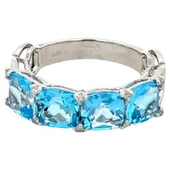 Half Eternity 4.47 Ct Cushion Cut Blue Topaz Band Ring in 14k Solid White Gold