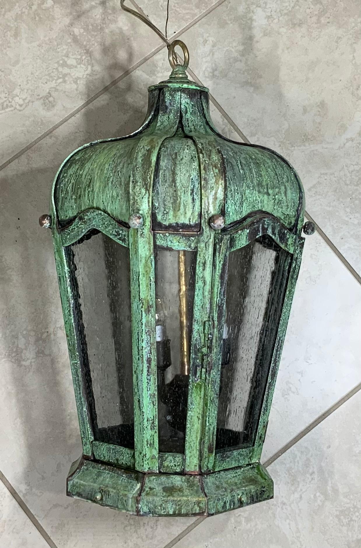 Handcrafted Solid Brass Hanging Lantern In Good Condition For Sale In Delray Beach, FL