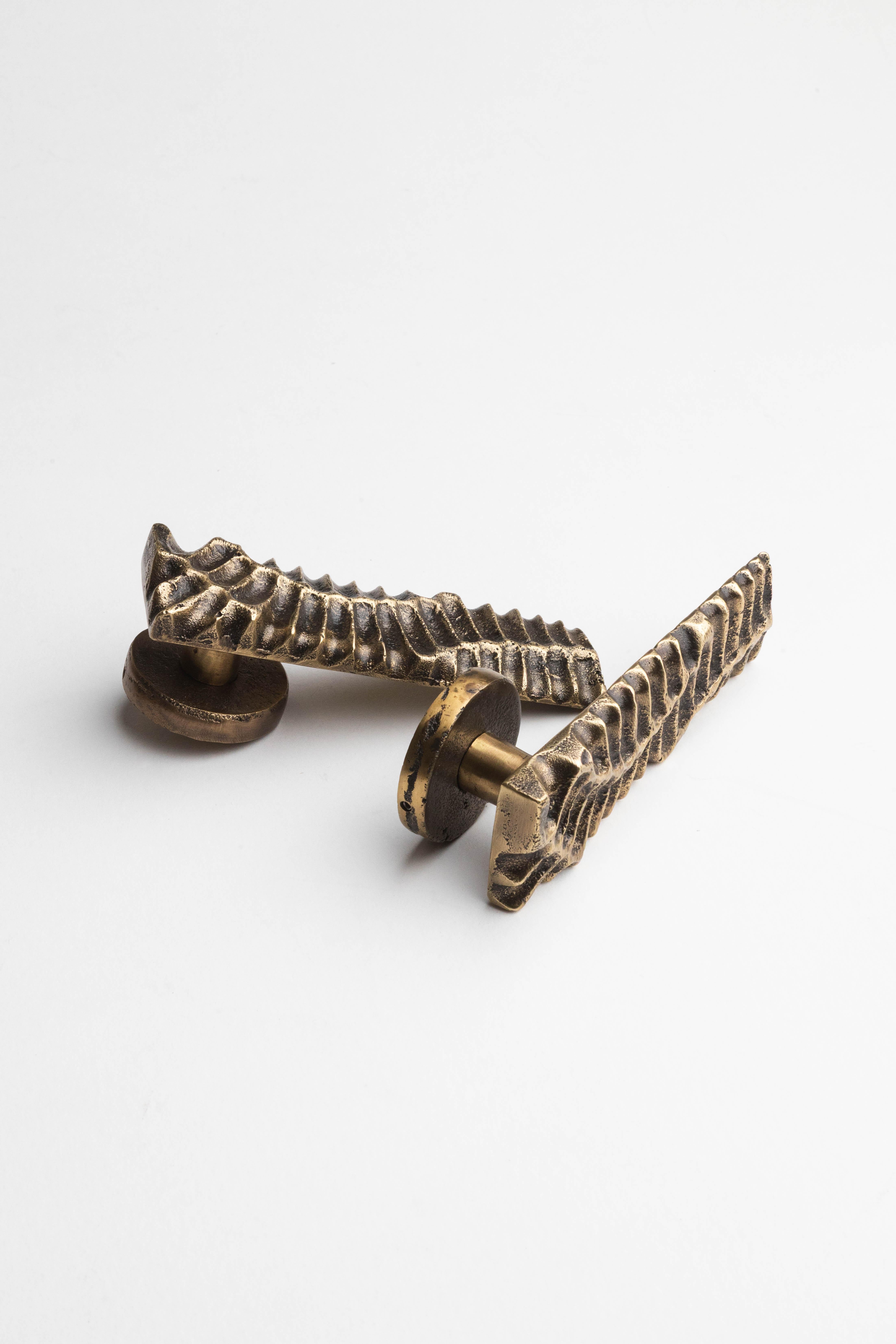 Brass Handcrafted solid brass  lever handles with organic design 14.5 cm x 4.5 cm For Sale