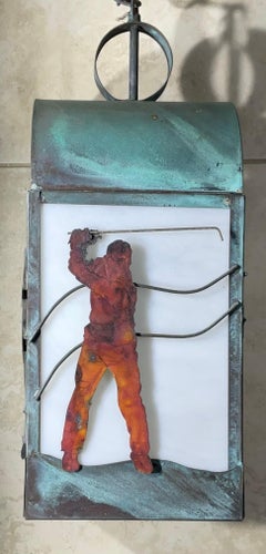Handcrafted Solid Copper Hanging Lantern with Unique Golfer Silhouette 20”x8”x8”