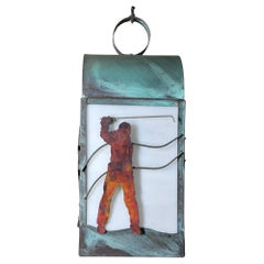 Vintage Handcrafted Solid Copper Hanging Lantern with Unique Golfer Silhouette 20”x8”x8”