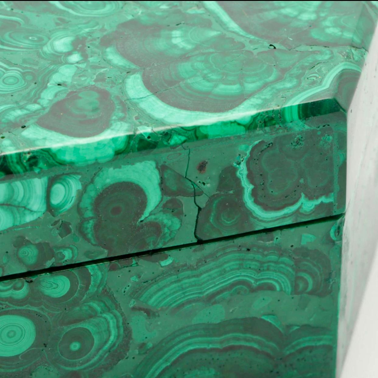 Hand-Carved Handcrafted Solid Malachite Hexagonal Lidded Box For Sale