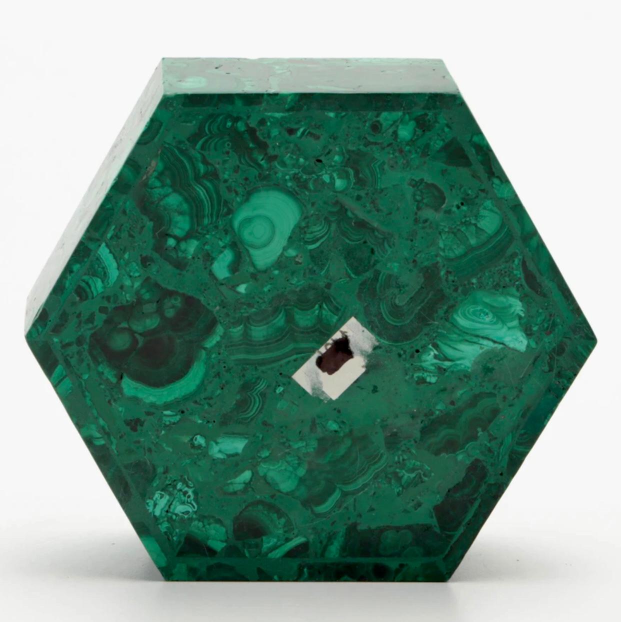 Handcrafted Solid Malachite Hexagonal Lidded Box For Sale 1