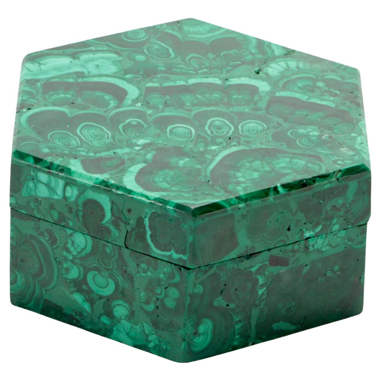 Handcrafted Solid Malachite Hexagonal Lidded Box For Sale