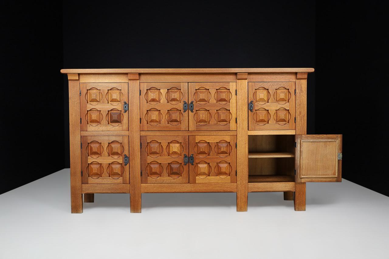 Handcrafted Solid Oak Credenza with Wrought Iron Details Spain 1940s For Sale 4