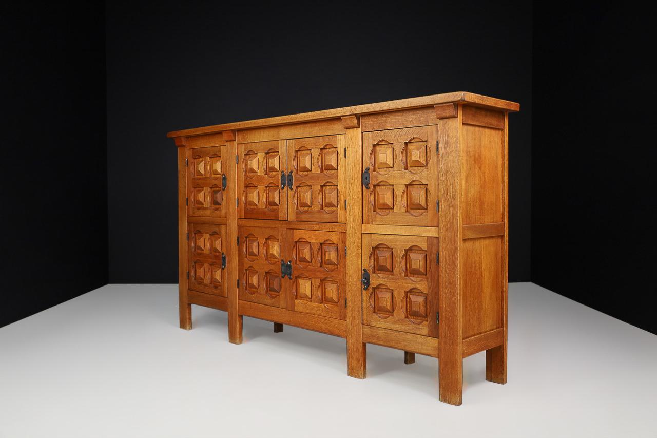 Handcrafted Solid Oak Credenza with Wrought Iron Details Spain 1940s For Sale 7
