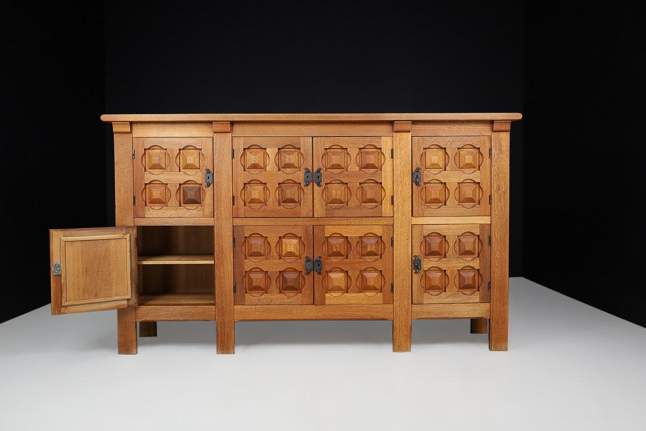 Handcrafted Solid Oak Credenza with Wrought Iron Details Spain 1940s For Sale 8