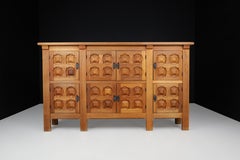 Handcrafted Solid Oak Credenza with Wrought Iron Details Spain 1940s
