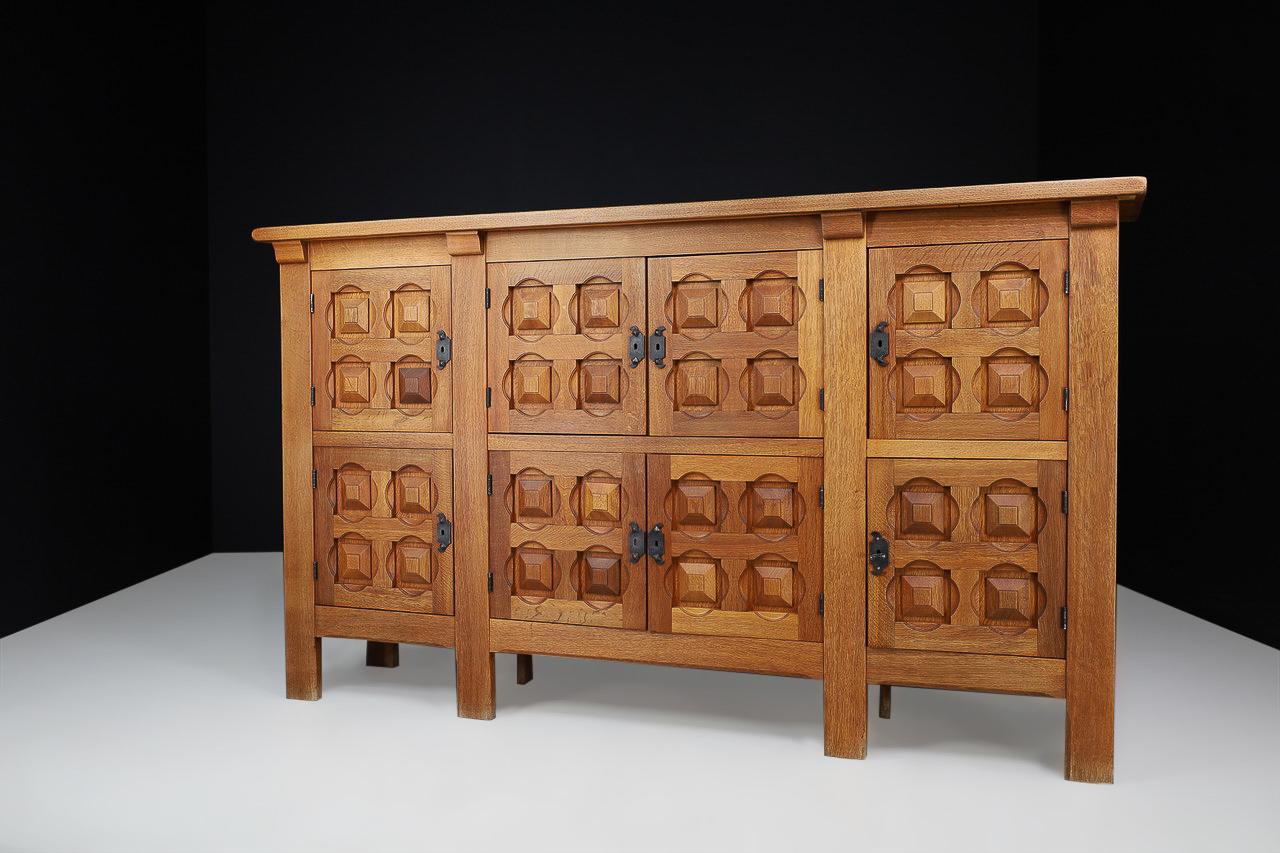 Brutalist Handcrafted Solid Oak Credenza with Wrought Iron Details Spain 1940s For Sale