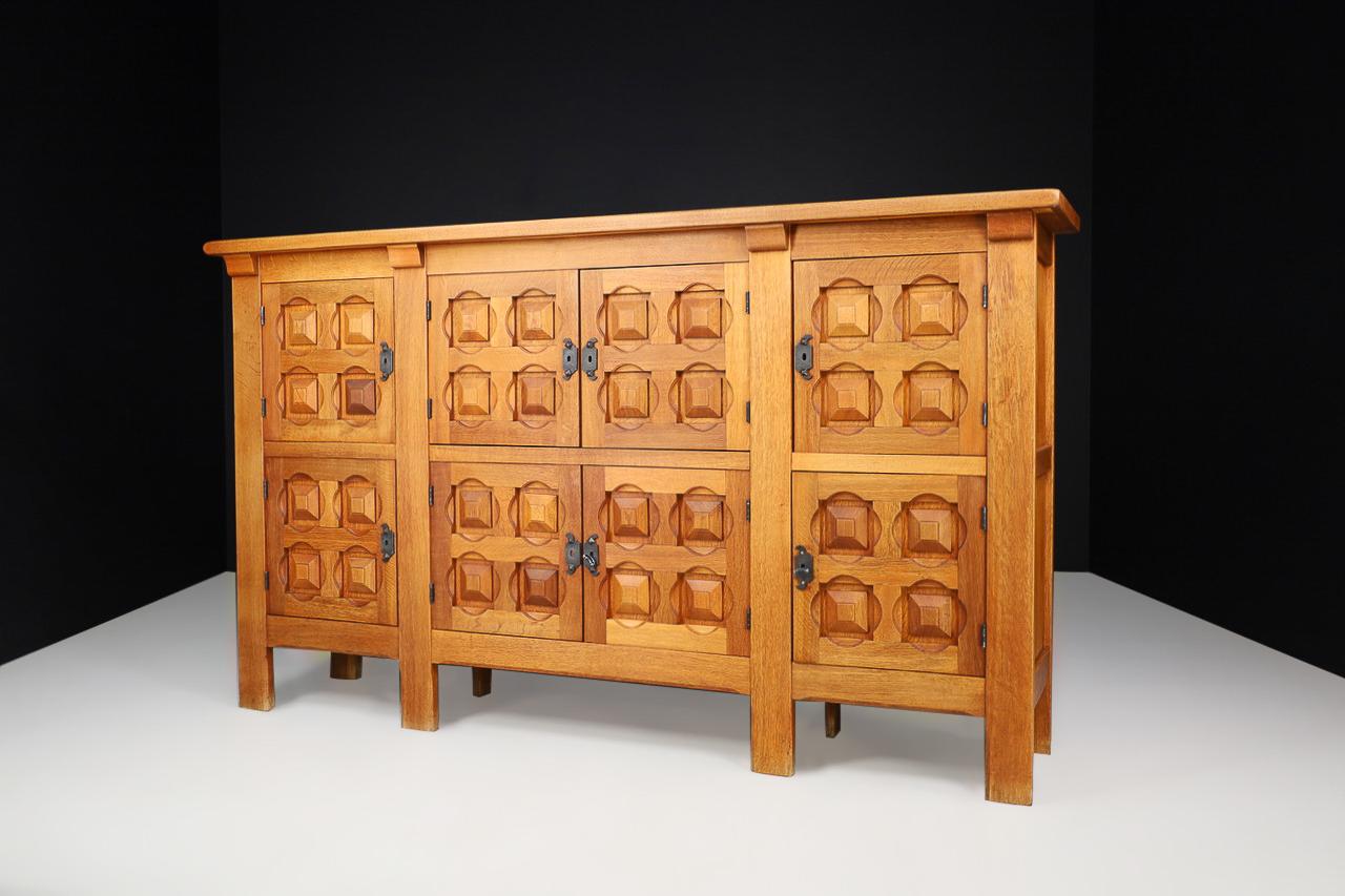 Spanish Handcrafted Solid Oak Credenza with Wrought Iron Details Spain 1940s For Sale