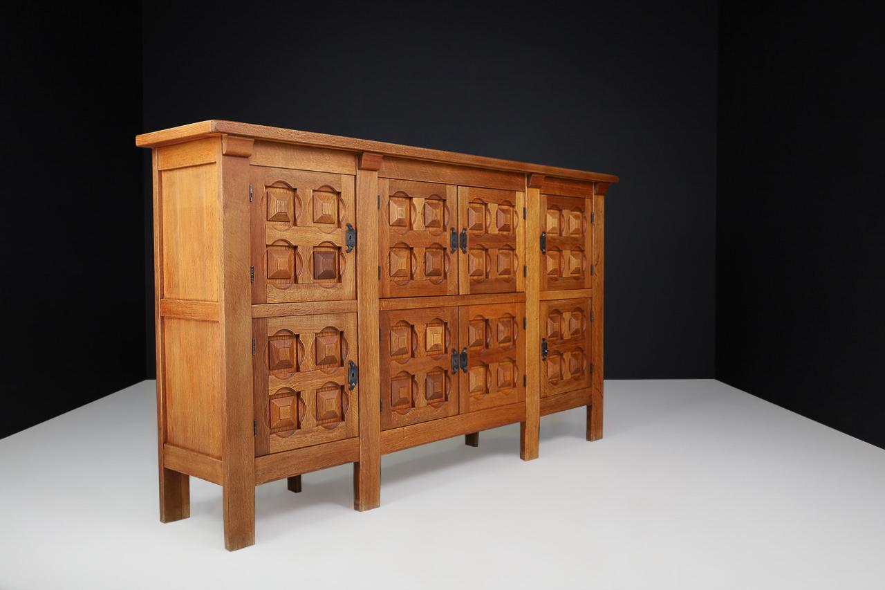 Handcrafted Solid Oak Credenza with Wrought Iron Details Spain 1940s For Sale 1