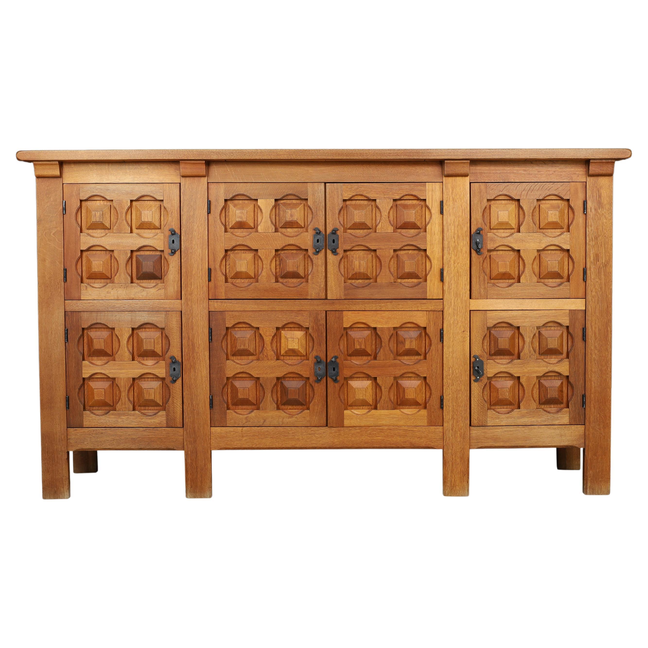 Handcrafted Solid Oak Credenza with Wrought Iron Details Spain 1940s For Sale