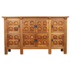 Handcrafted Solid Oak Credenza with Wrought Iron Details Spain 1940s
