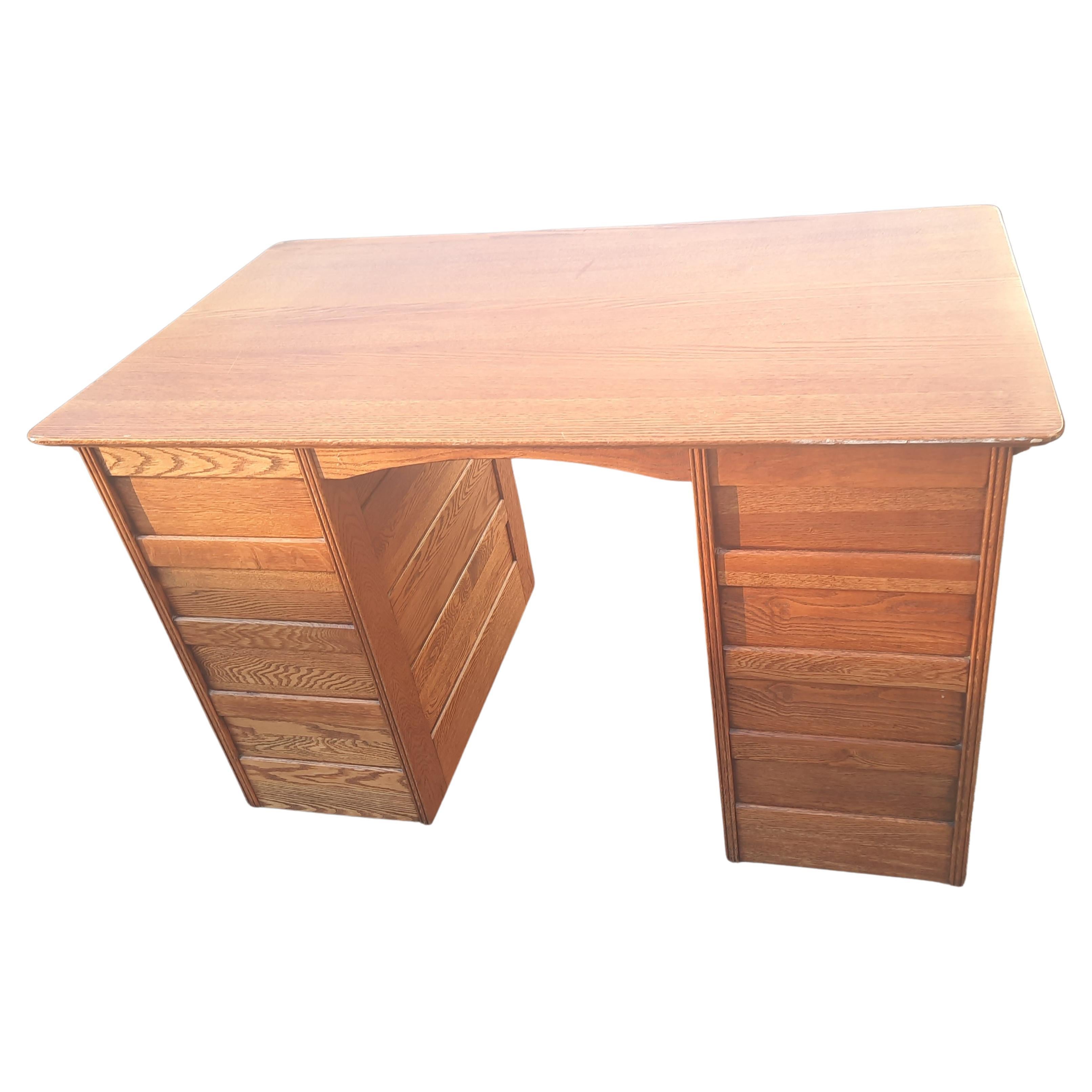 Handcrafted Solid Oak Partners Desk Writing Desk on Wheels, circa 1960 For Sale 2