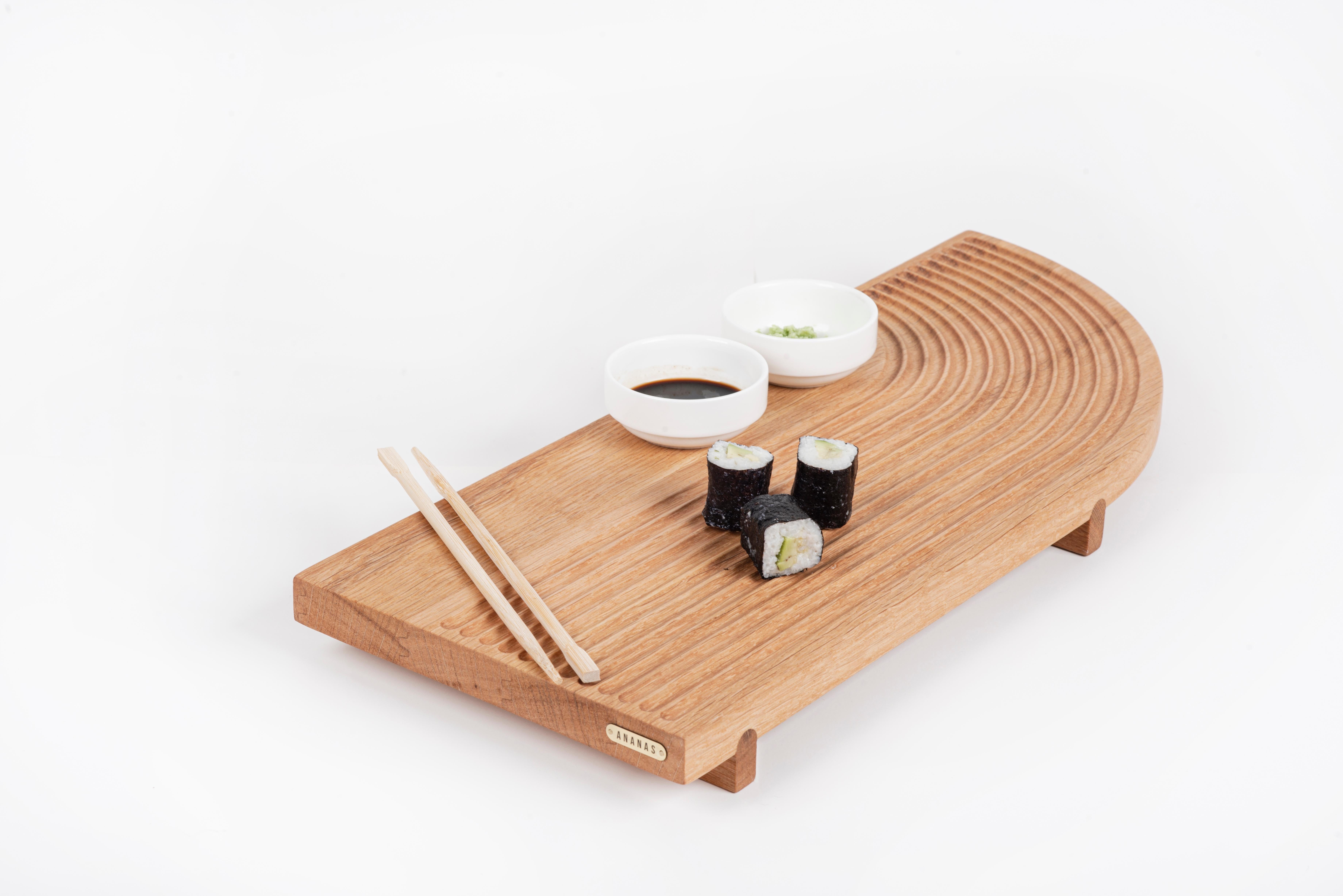 Hand-Crafted Handcrafted Solid Oak Wood Sushi Serving Board Set of Three For Sale