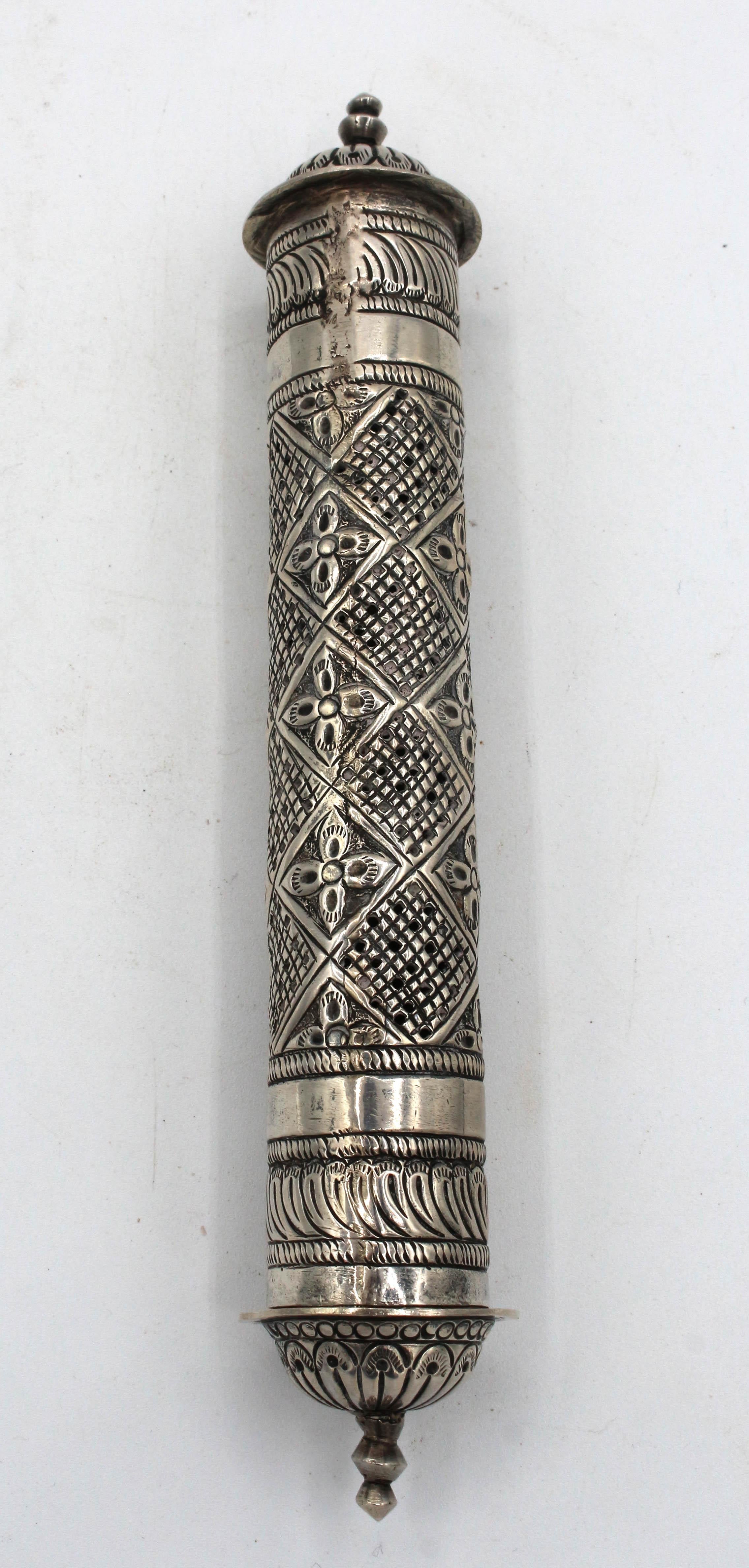Handcrafted solid silver Indo-Persian scroll carrier for messages. Late 19th century. Provenance: Raj officer in India by descent to present. 5.40 troy oz.
8 5/8