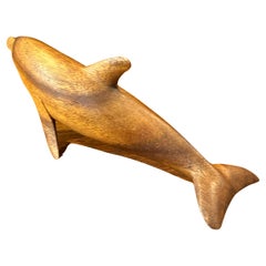 Handcrafted Solid Teak Dolphin Sculpture with Glass Eyes