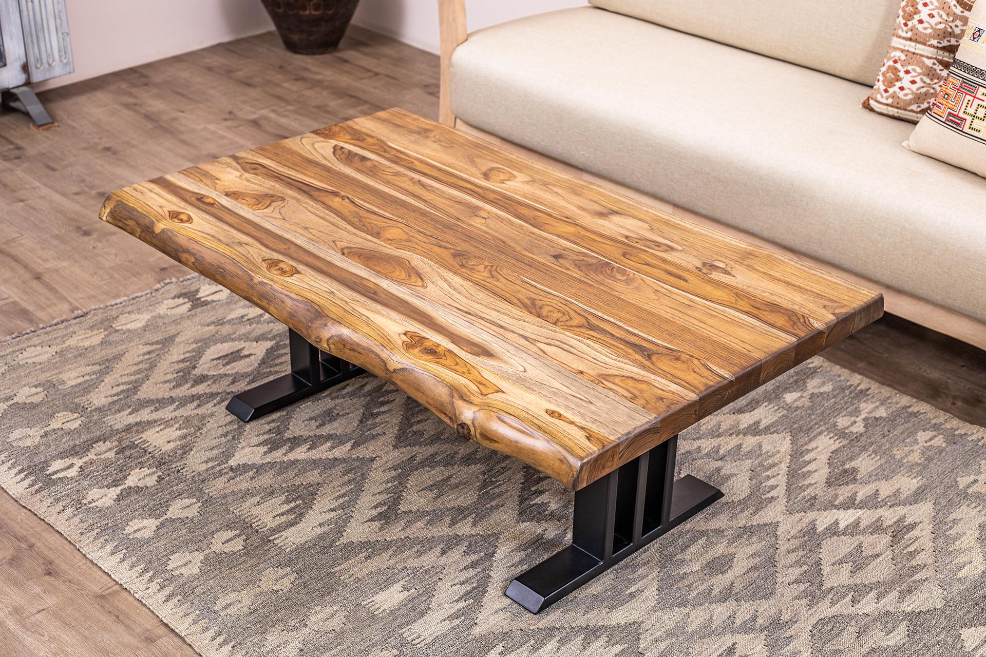 Hand-Crafted Handcrafted Solid Teak Live Edge Coffee Table with Metal Legs For Sale