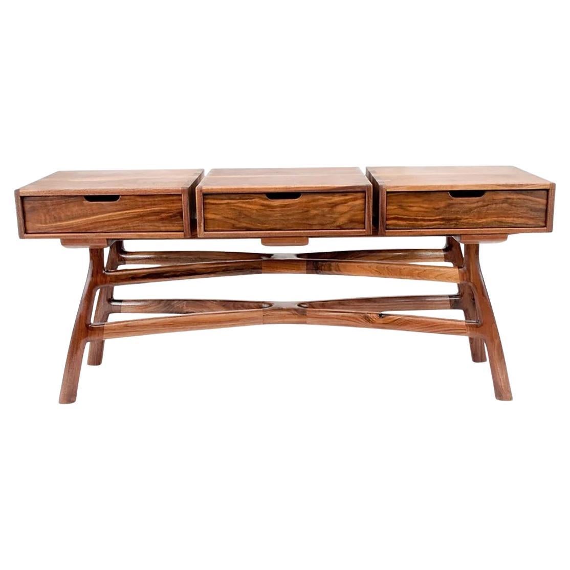 Handcrafted Solid Walnut 3-Drawer Console with Sculptural Base – Artisan-Made For Sale