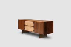 Contemporary Walnut Credenza with Cane Drawers and Bronze Hardware