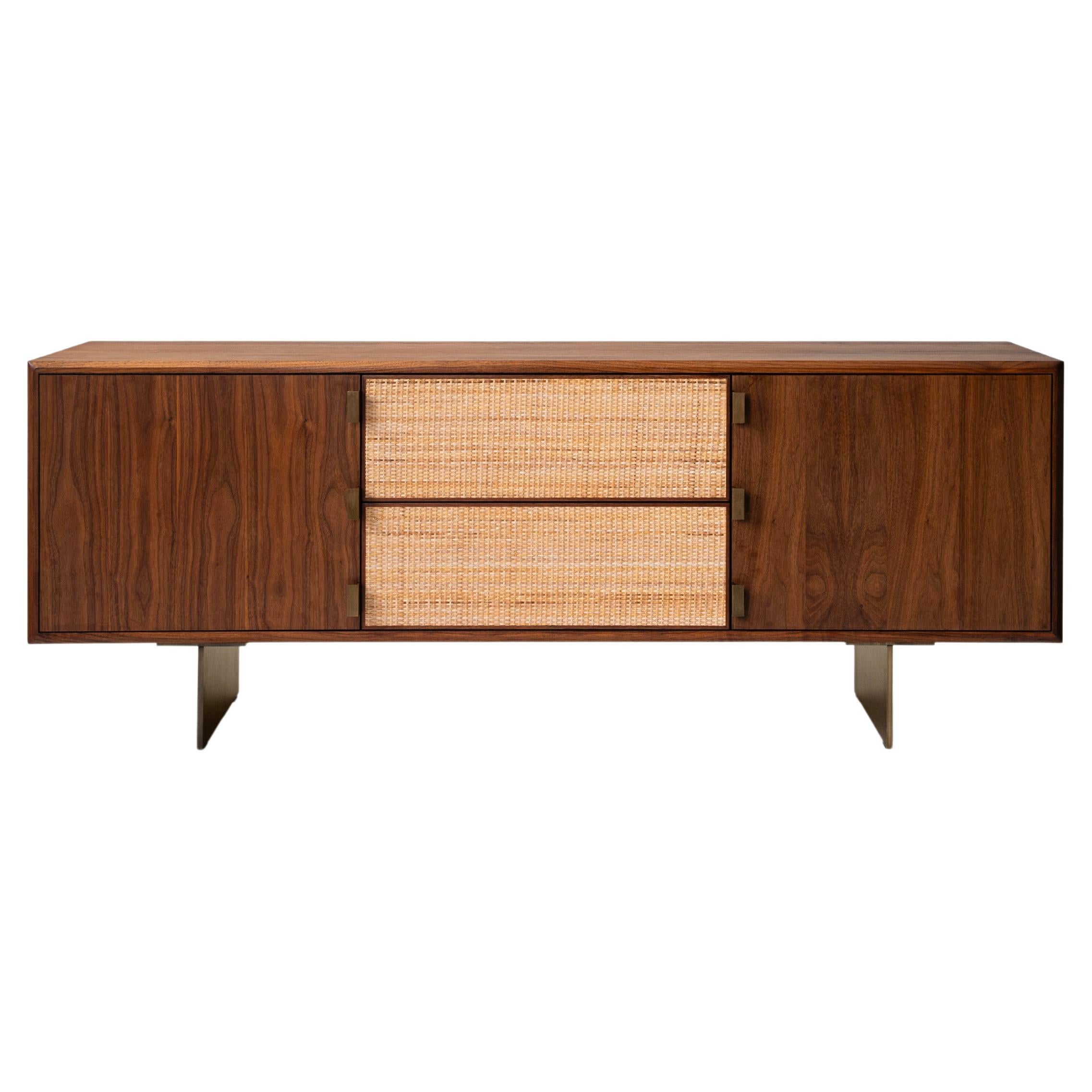 Handcrafted solid wood Augusto Credenza with rattan and bronze by LUTECA For Sale