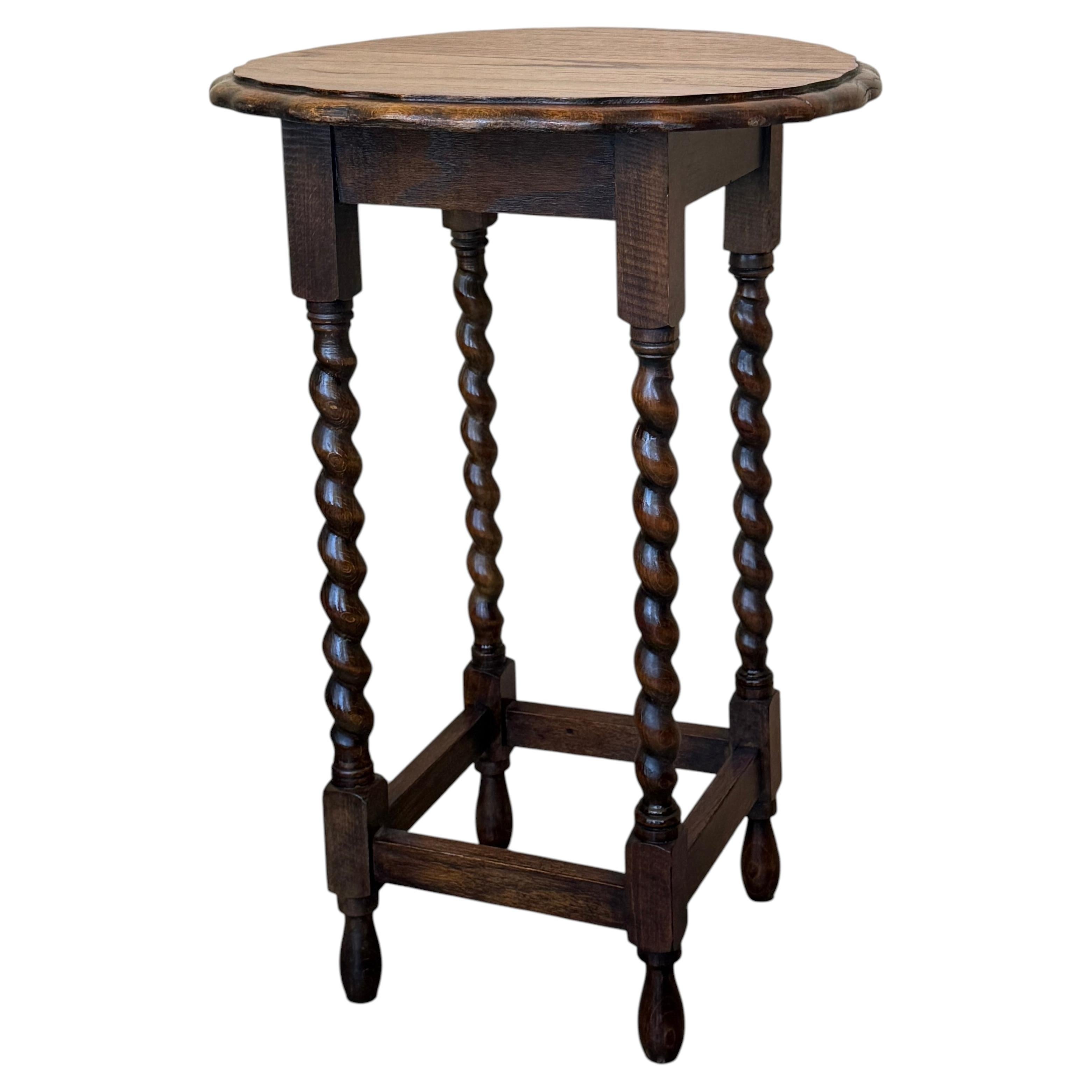 Handcrafted Solid Wood Pedestal Accent Table with Barley Twist Legs and Ebonized