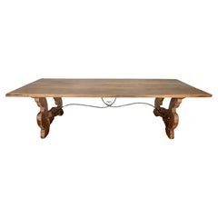 Handcrafted Solid Wood Trestle Dining Table with Wrought Iron Stretcher