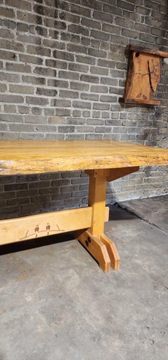 Handcrafted Spalted Maple Trestle Table with Inlaid Bird Motif