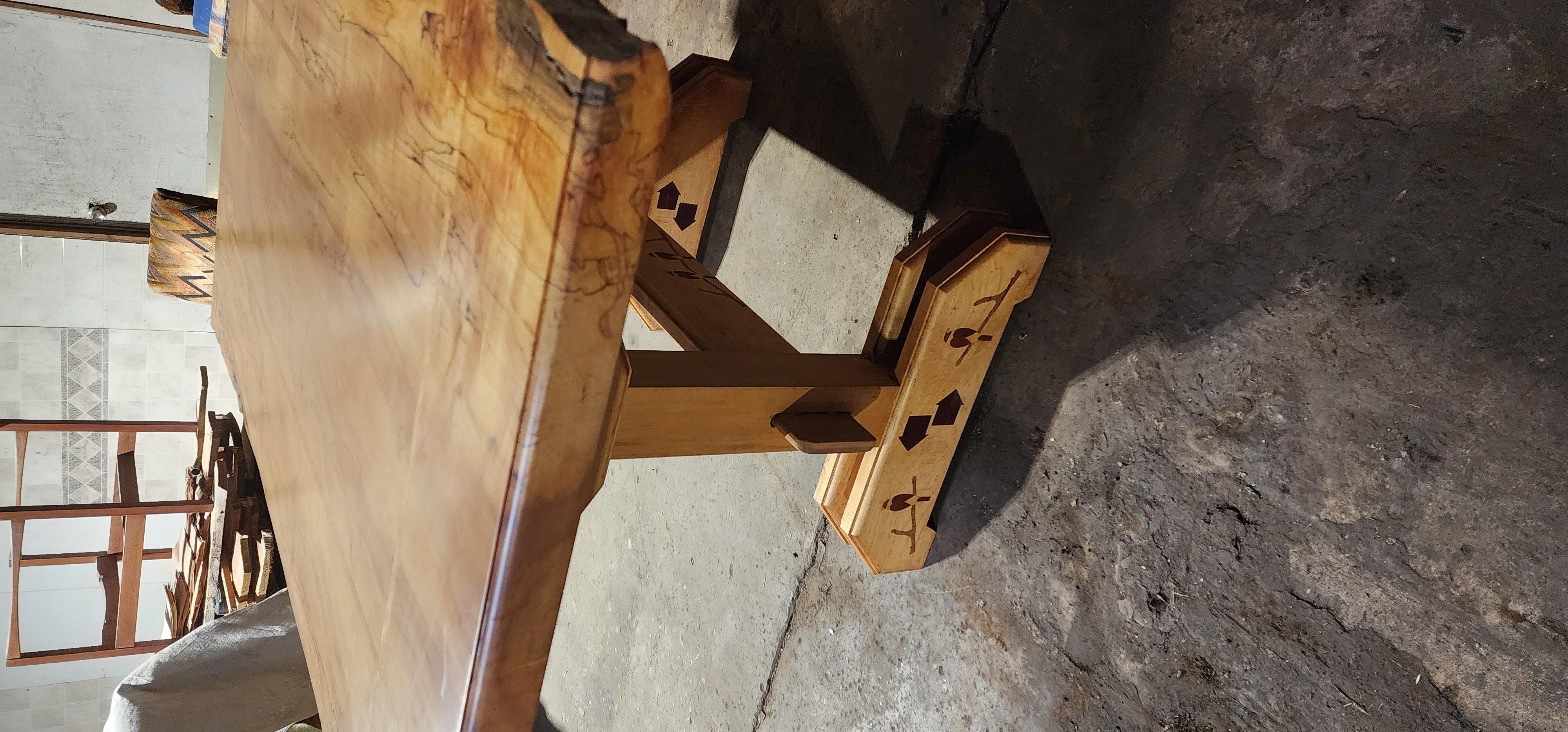American Craftsman Handcrafted Spalted Maple Trestle Table with Inlaid Bird Motif For Sale