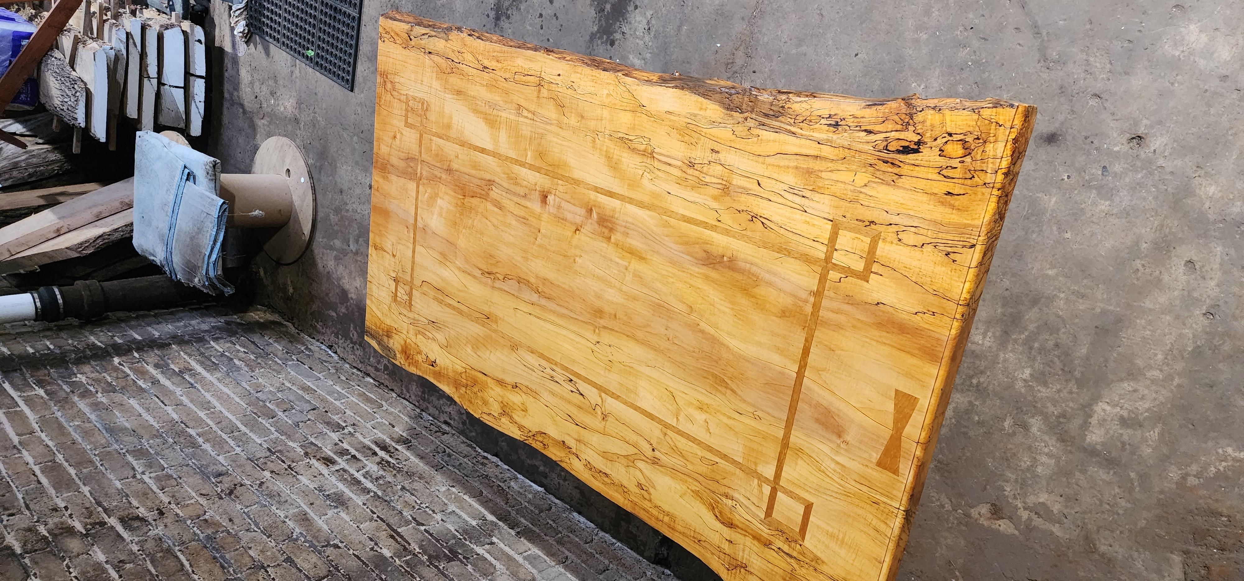 American Handcrafted Spalted Maple Trestle Table with Inlaid Bird Motif For Sale