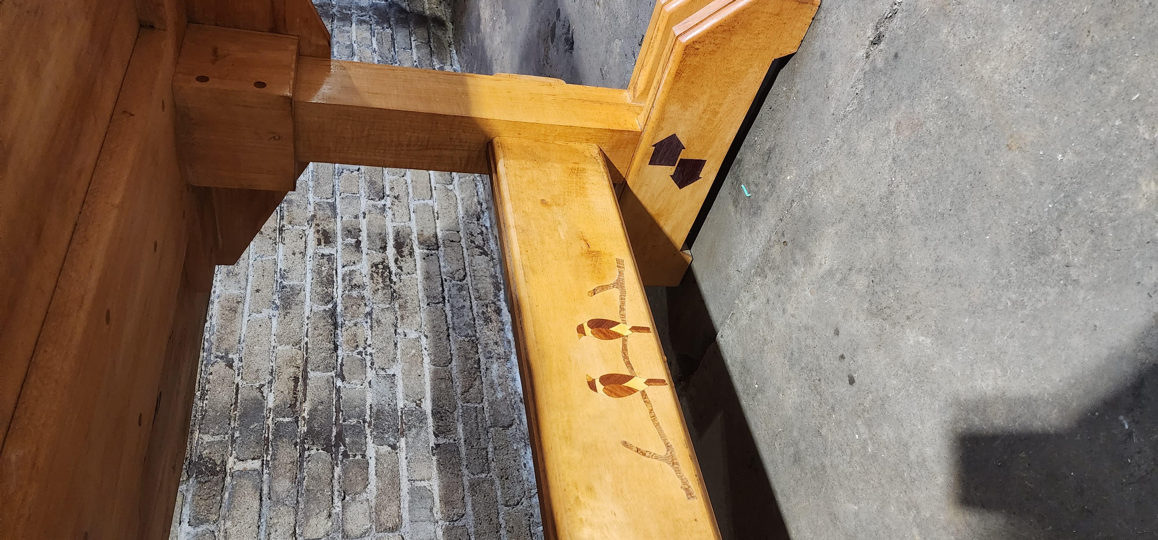 Marquetry Handcrafted Spalted Maple Trestle Table with Inlaid Bird Motif For Sale