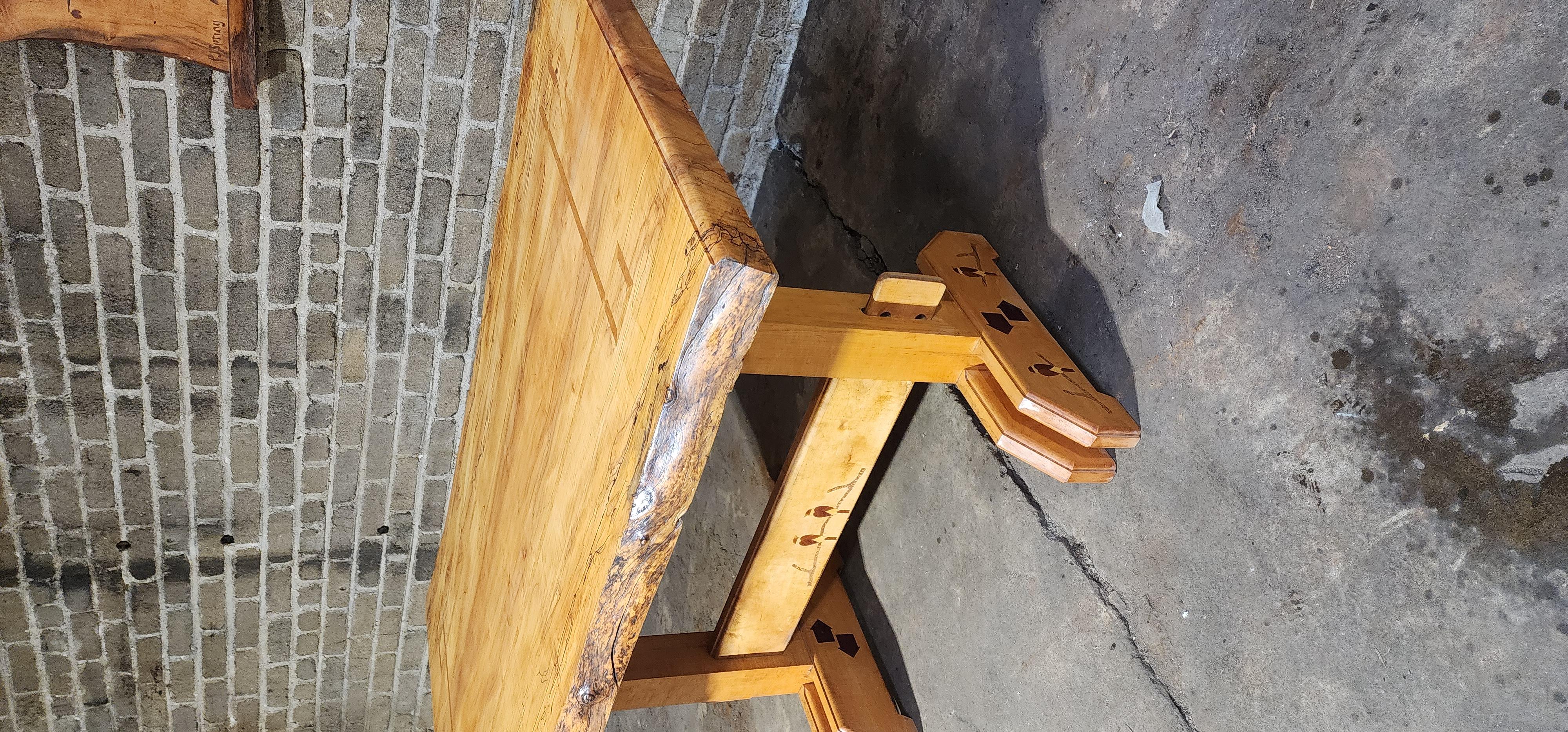 Handcrafted Spalted Maple Trestle Table with Inlaid Bird Motif In Good Condition For Sale In Philadelphia, PA