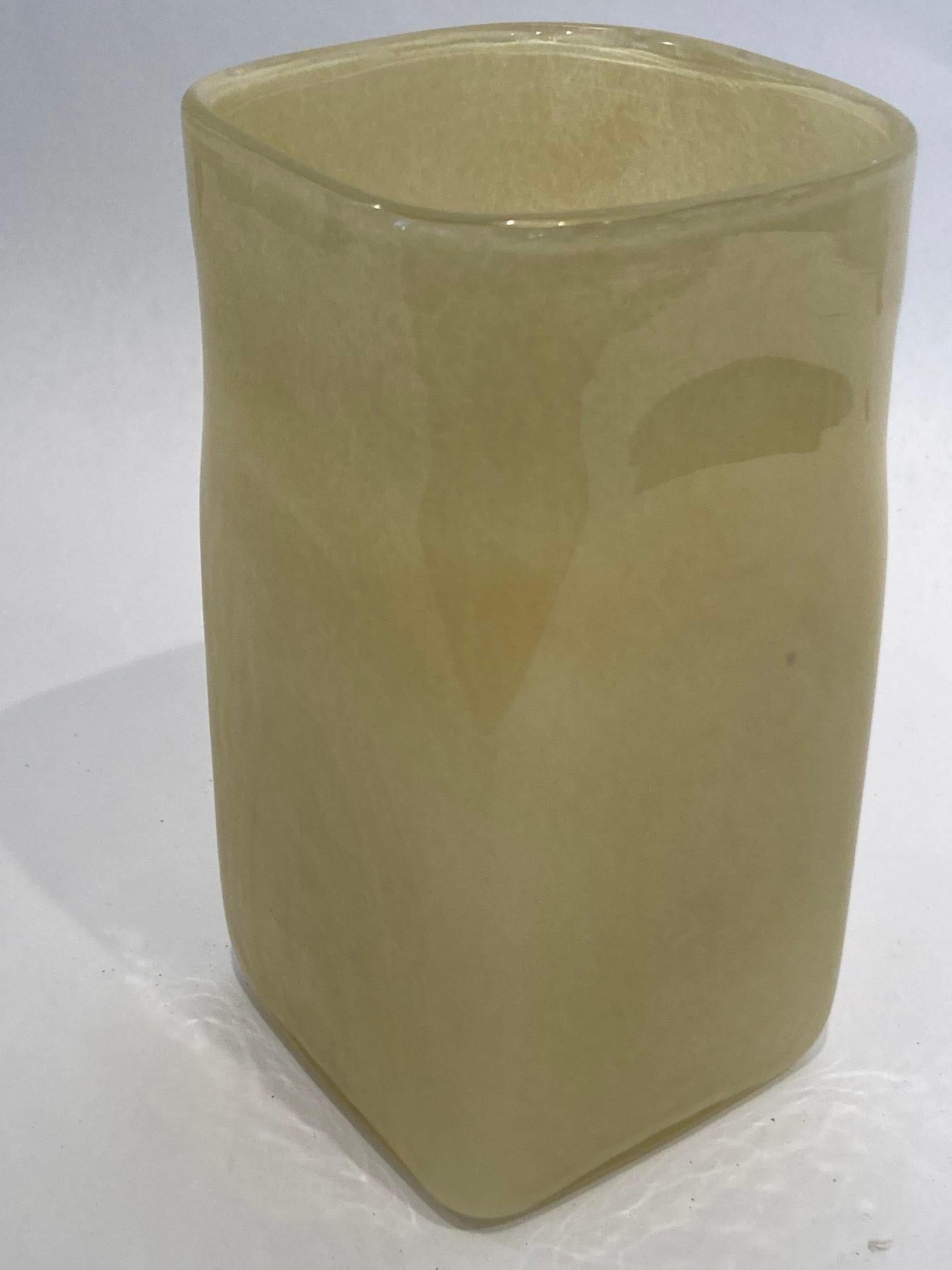 Handcrafted Square Beige Flower Glass Vase Kosta Boda Style, 1980s In Good Condition For Sale In North Hollywood, CA