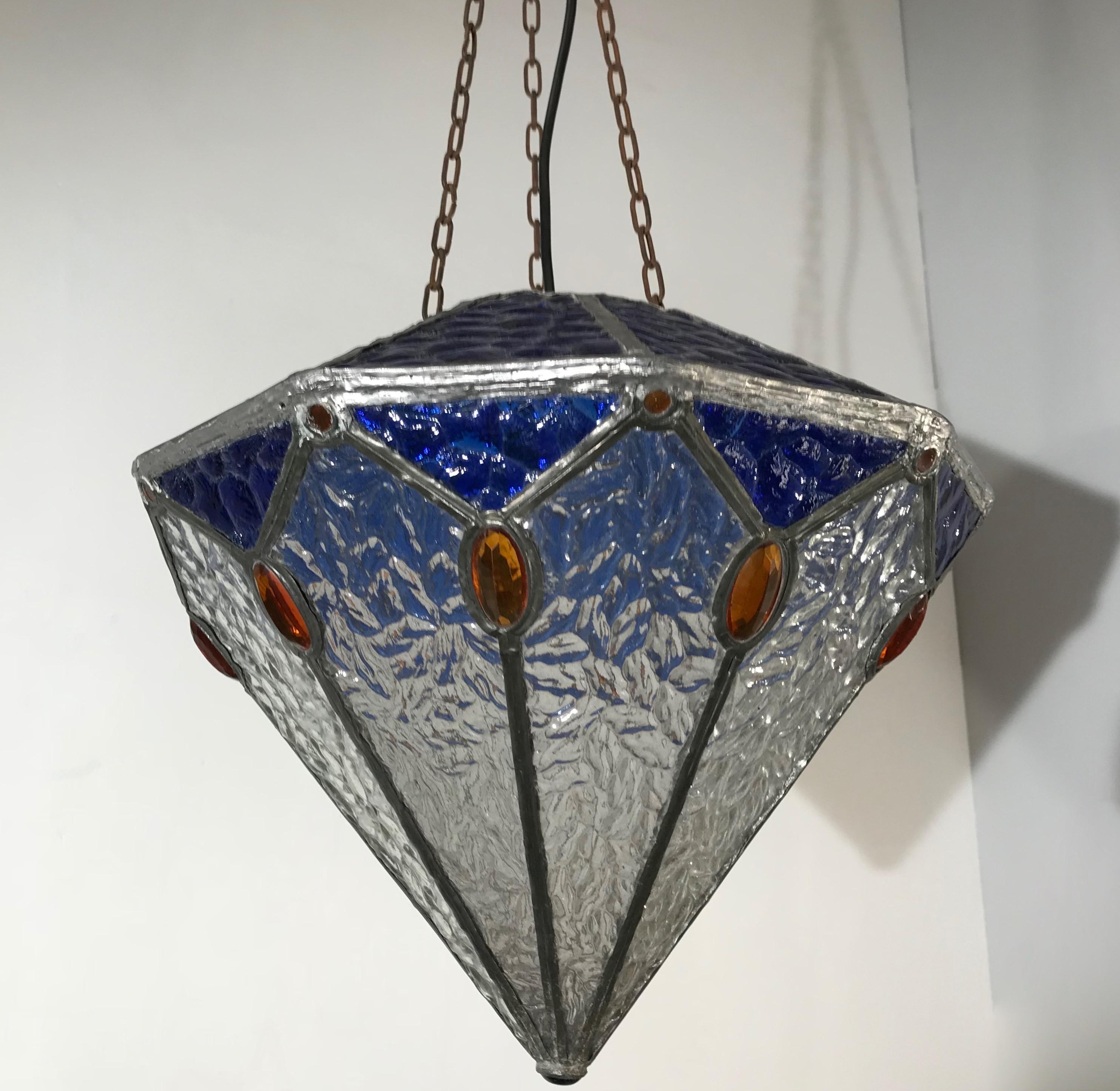 Handcrafted Stain Leaded Art Deco Glass Pendant Diamant Design & Great Colors In Good Condition In Lisse, NL