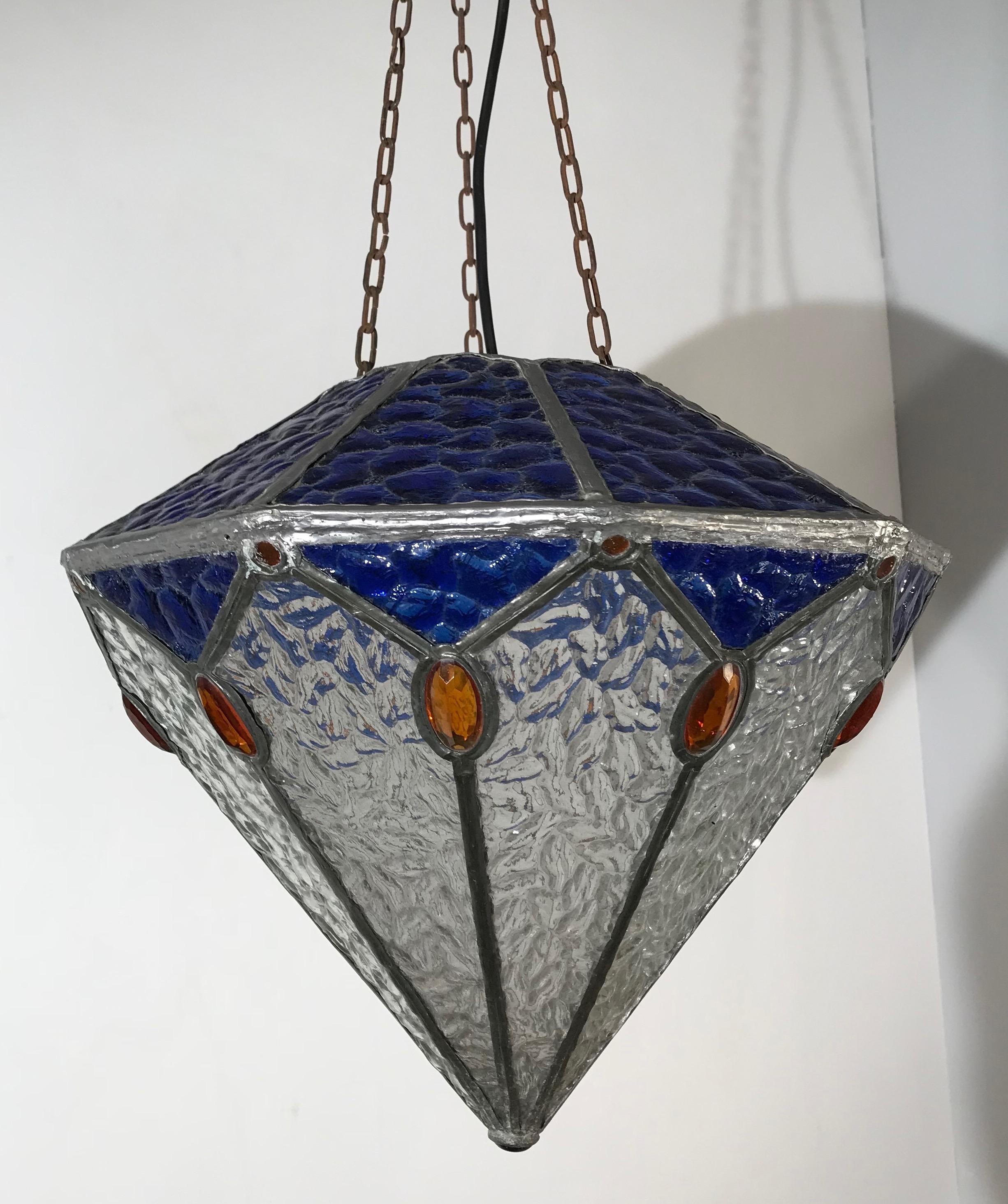 20th Century Handcrafted Stain Leaded Art Deco Glass Pendant Diamant Design & Great Colors