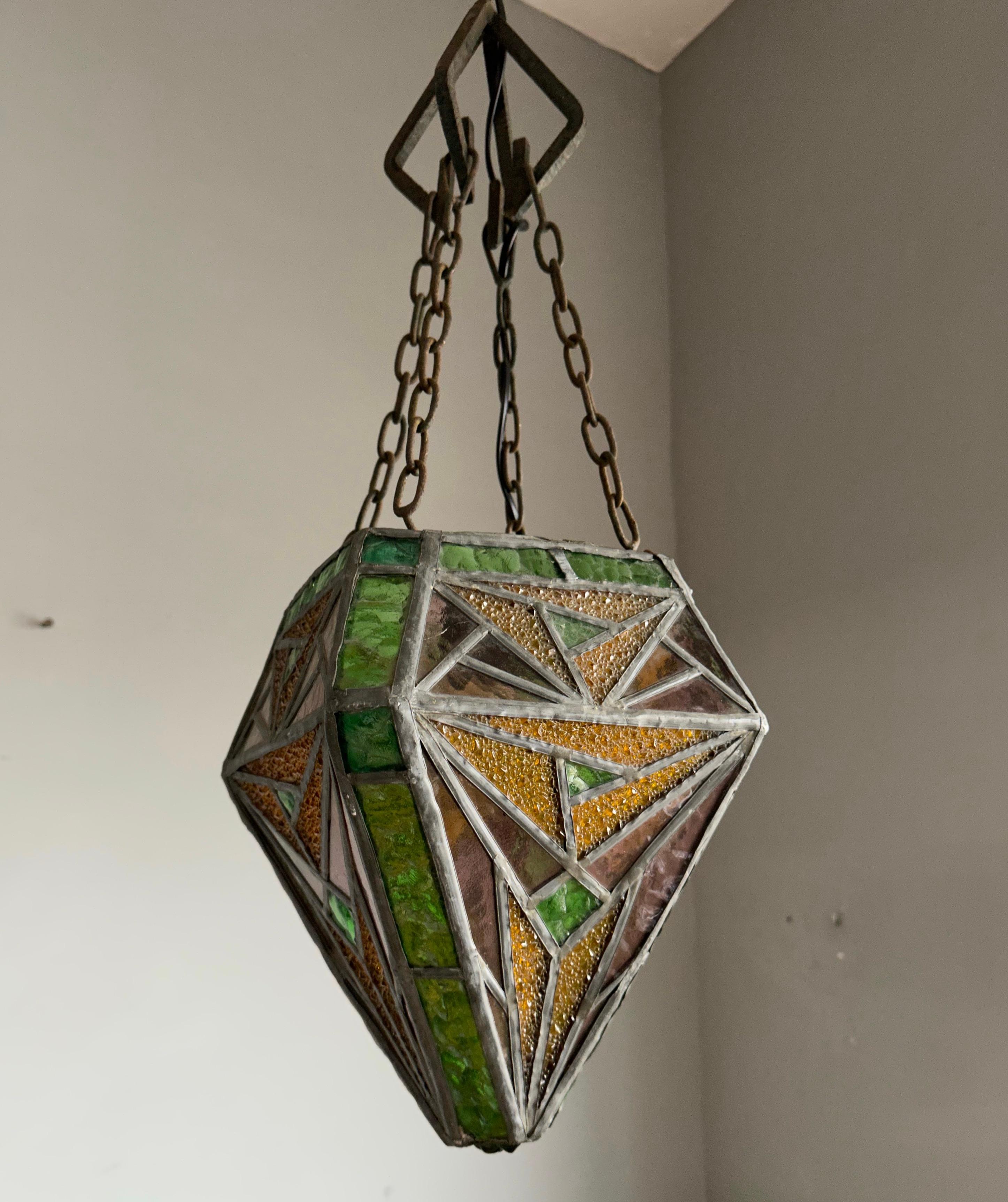 Handcrafted Stained Glass Art Deco Glass Pendant Geometric Design & Great Colors 4